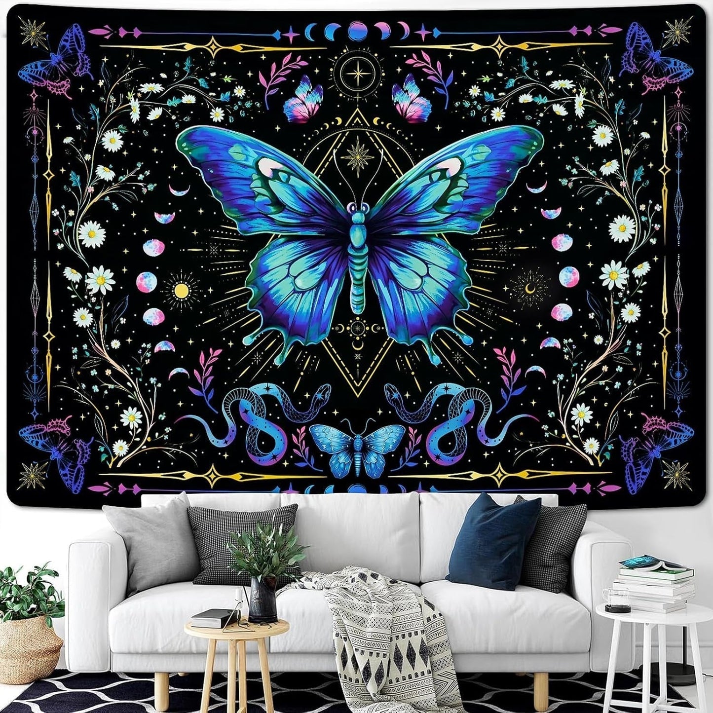 Gobelin Alishomtll Schmetterling Mondphase Blumen Gänseblümchen schwarz Zuhause – Accessoires und Dekorationen Naty Shop