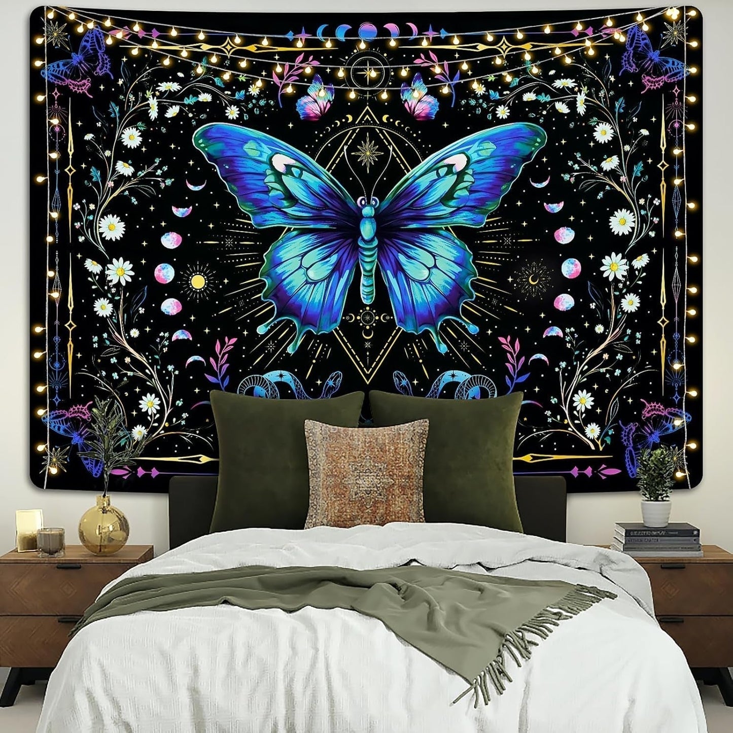 Gobelin Alishomtll Schmetterling Mondphase Blumen Gänseblümchen schwarz Zuhause – Accessoires und Dekorationen Naty Shop