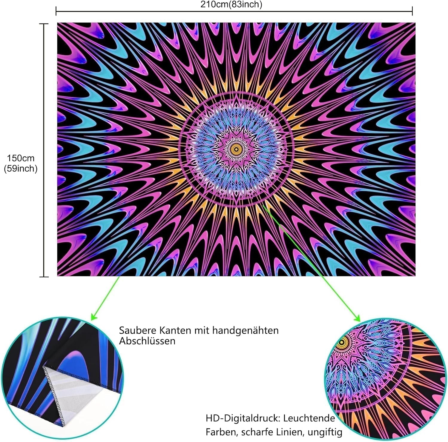 Gobelin Alishomtll farbiges Mandala Schwarzlichtkunst Zuhause – Accessoires und Dekorationen Naty Shop