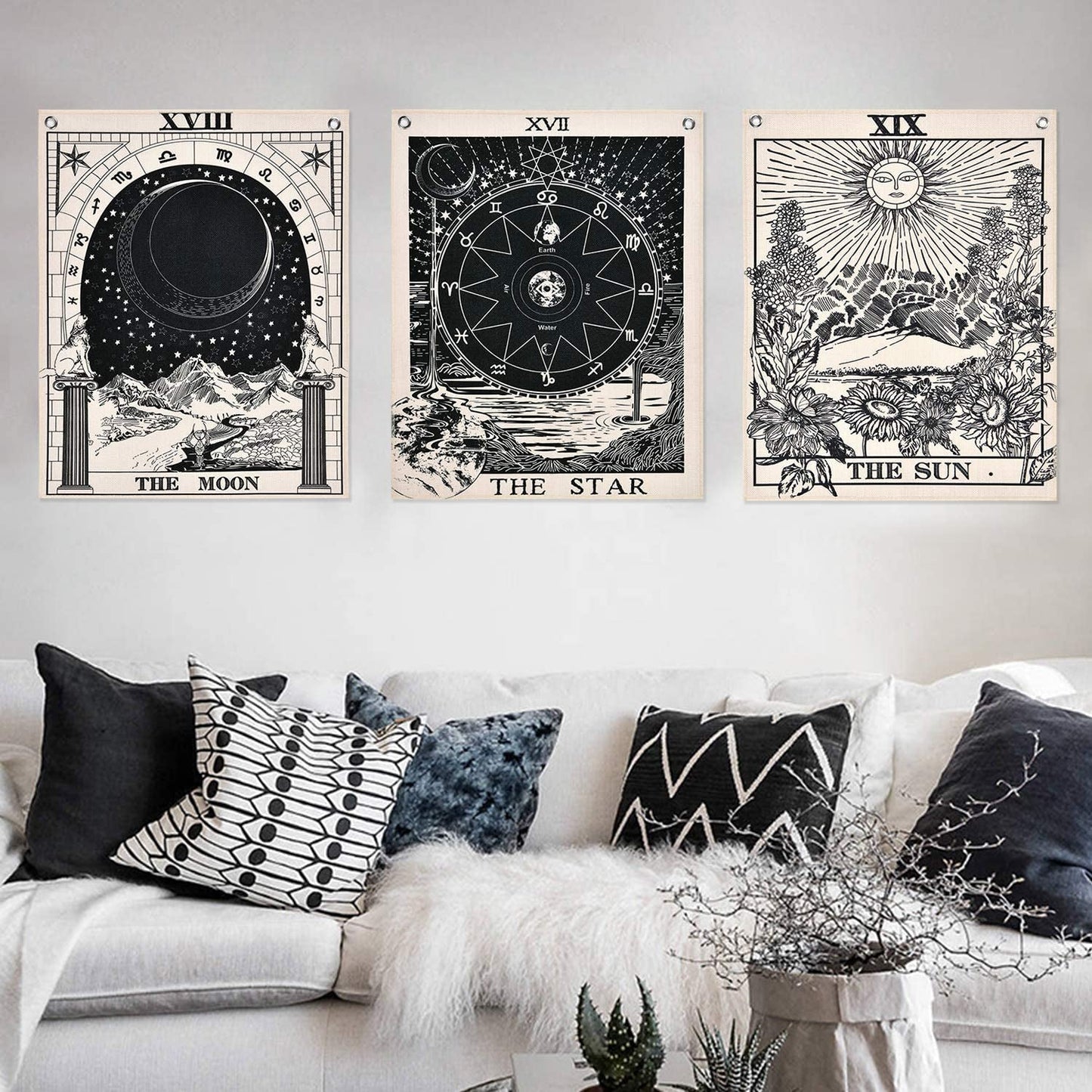 Alishomtll Wandteppich-Tarot-Set Sonne Mond Sterne Startseite – Accessoires und Dekorationen Naty Shop Tarot-Set (schwarz und weiß) 40 x 50 cm