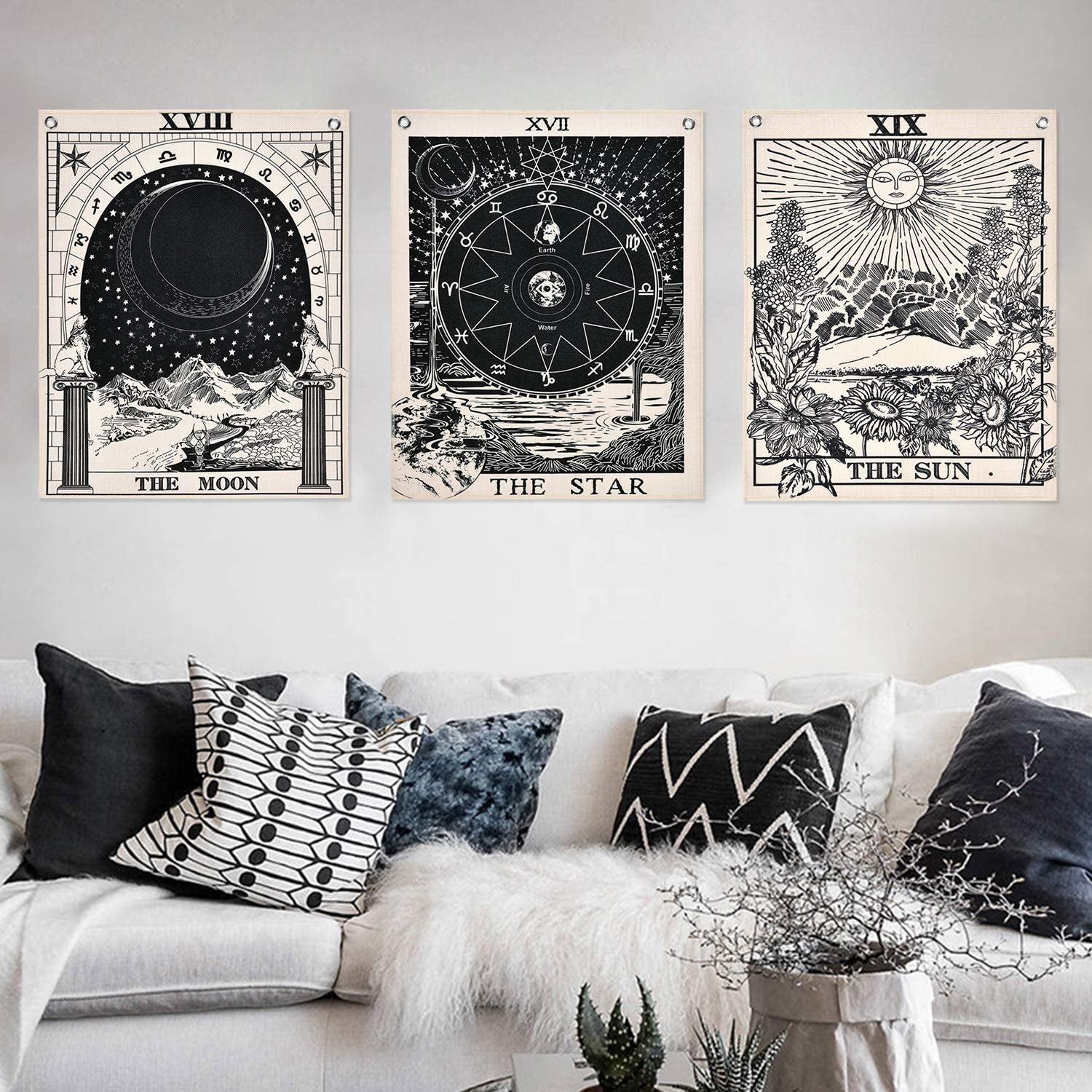 Alishomtll Wandteppich-Tarot-Set Sonne Mond Sterne Startseite – Accessoires und Dekorationen Naty Shop Tarot-Set (schwarz und weiß) 40 x 50 cm