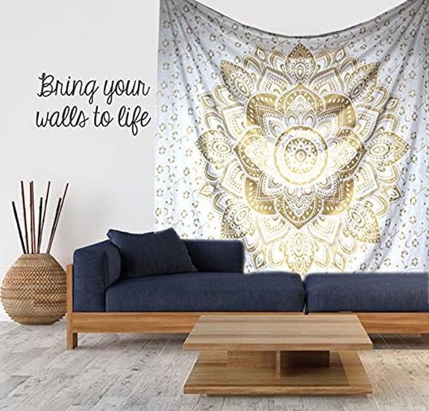 Gobelin mit goldenem Metallic-Mandala, Strandüberwurf aus indischer Baumwolle von Casa – Accessoires und Dekorationen Naty Shop