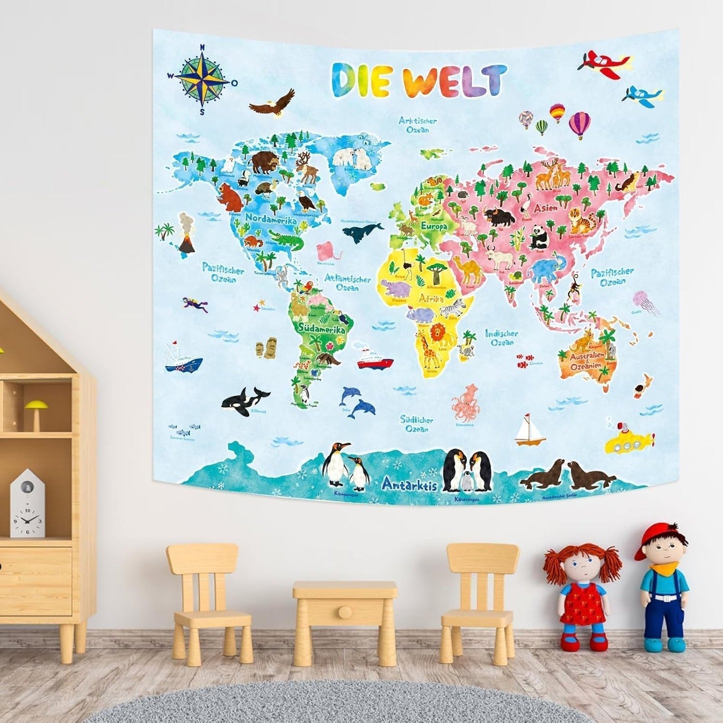 Bashom Wandteppich Deutsche Tierweltkarte für Kinder Zuhause - Accessoires und Dekorationen Naty Shop Tp-007