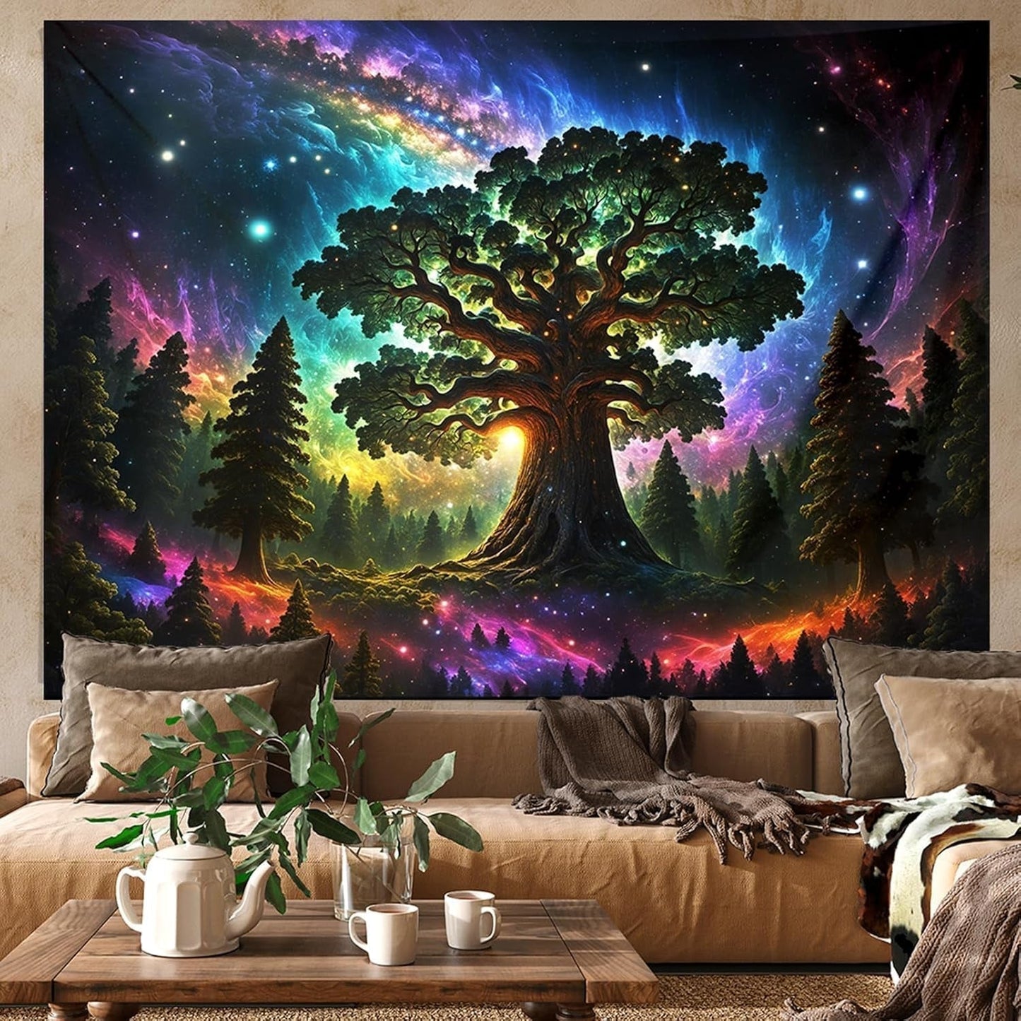 Wandteppich, Schwarzlicht, Wald, psychedelisch, Natur, Baum, Sterne, Galaxie, Zuhause – Accessoires und Dekorationen, Naty Shop, 300 L x 180 B cm