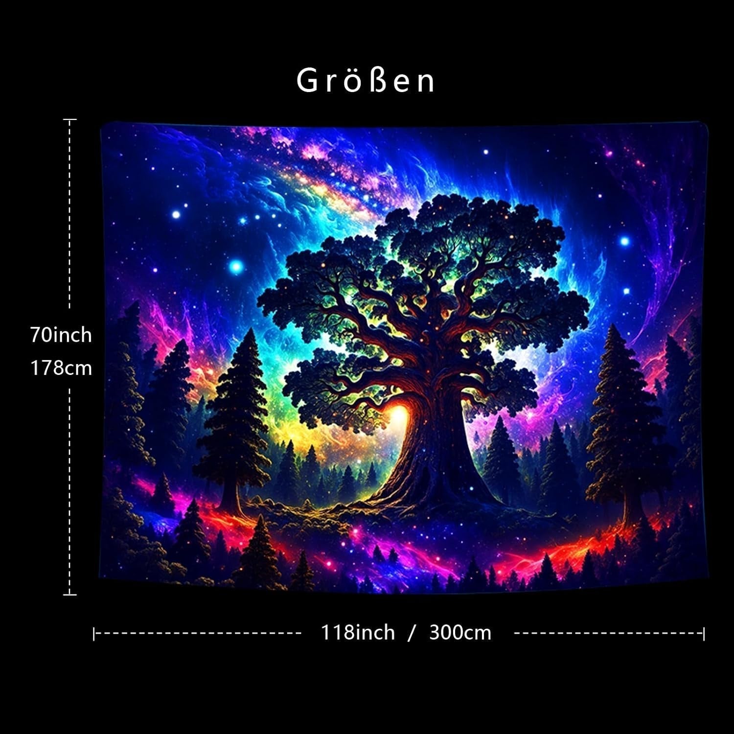Wandteppich Schwarzlichtwald psychedelisch Natur Baum Sterne Galaxie Zuhause – Accessoires und Dekorationen Naty Shop