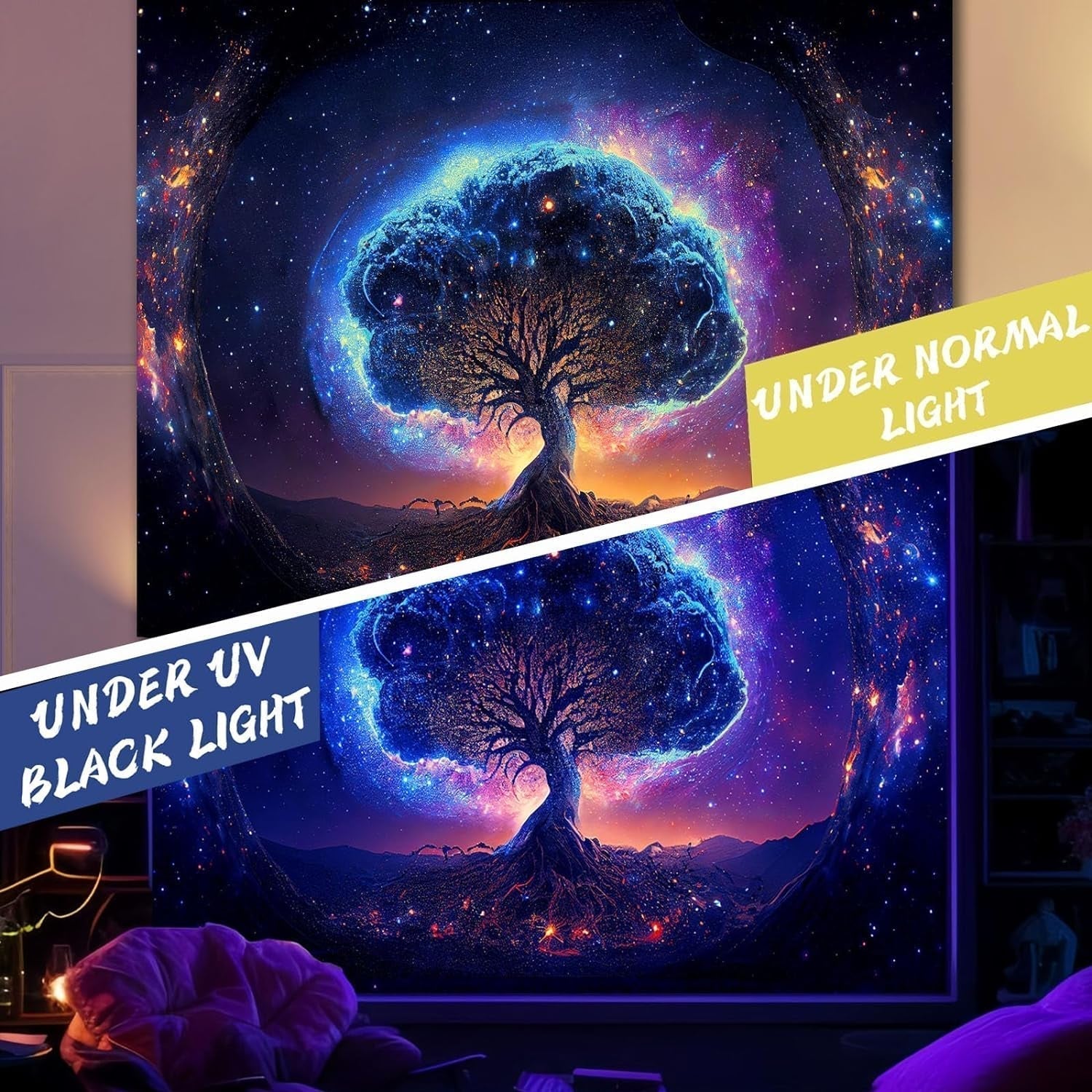 Baum-Wandteppich, Schwarzlicht, räumliche Ästhetik, Zuhause – Accessoires und Dekorationen, Naty Shop