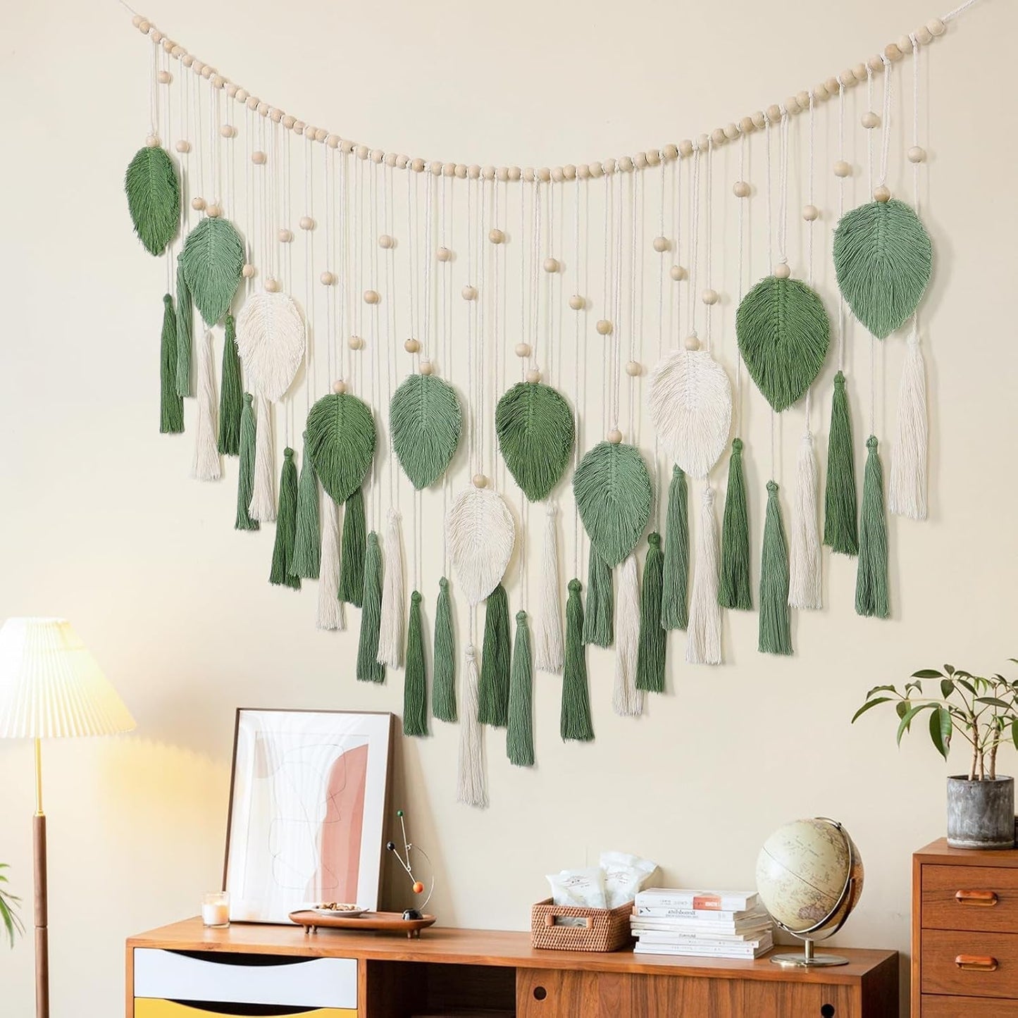 Dremisland Wandteppich, groß, beige, grüne Blätter, Quasten, Zuhause – Accessoires und Dekorationen, Naty Shop