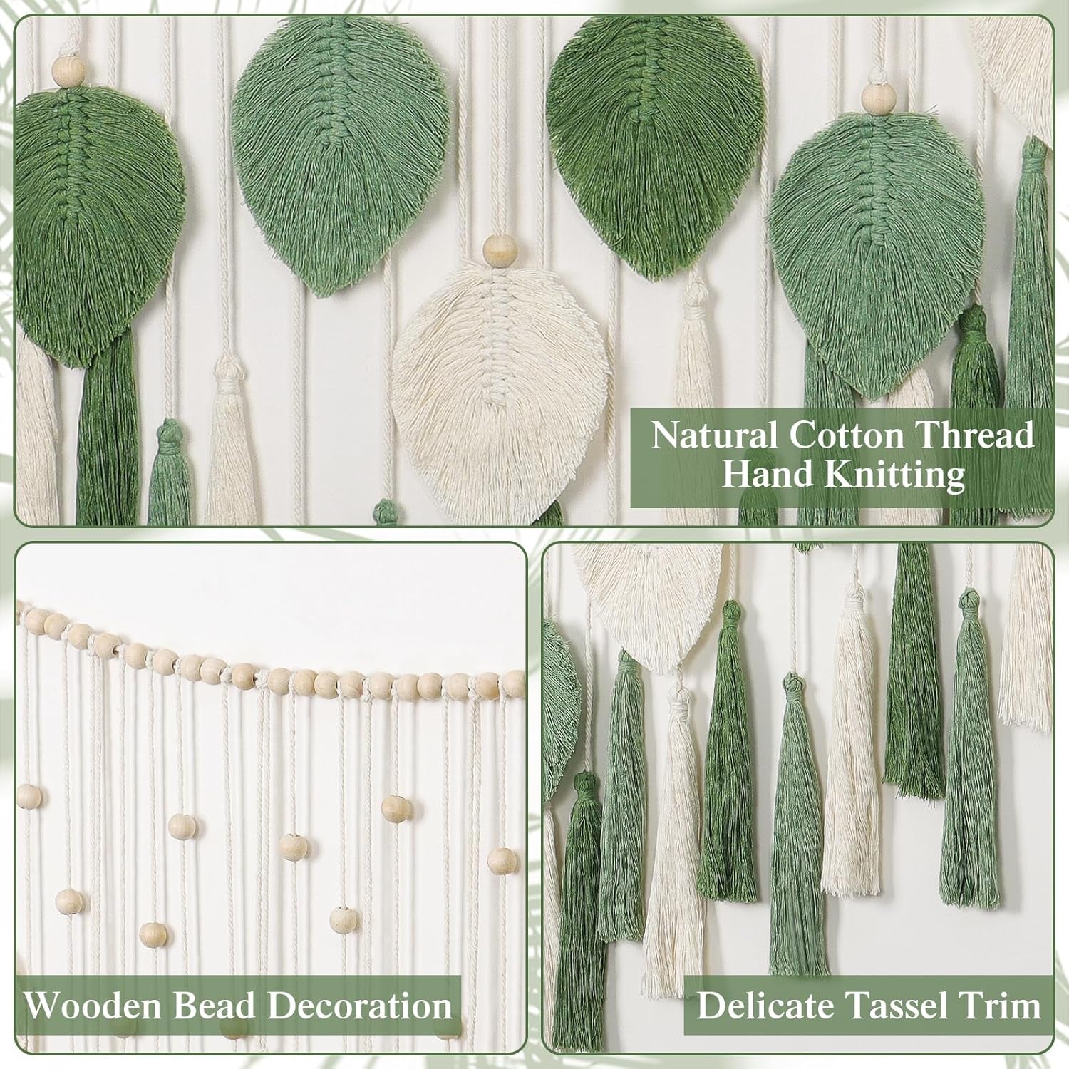 Dremisland Wandteppich, groß, beige, grüne Blätter, Quasten, Zuhause – Accessoires und Dekorationen, Naty Shop