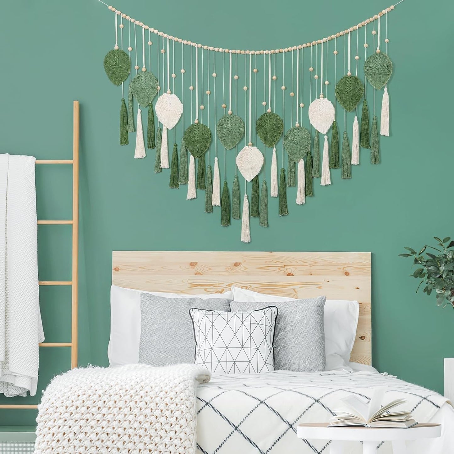 Dremisland Wandteppich, groß, beige, grüne Blätter, Quasten, Zuhause – Accessoires und Dekorationen, Naty Shop