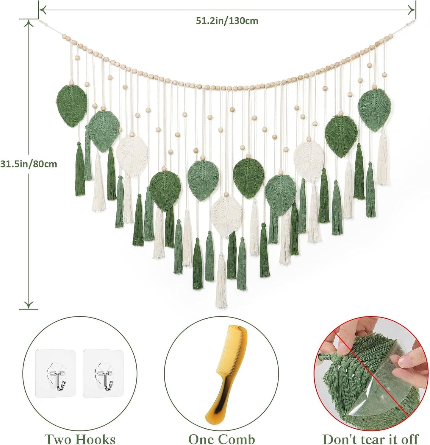 Dremisland Wandteppich, groß, beige, grüne Blätter, Quasten, Zuhause – Accessoires und Dekorationen, Naty Shop