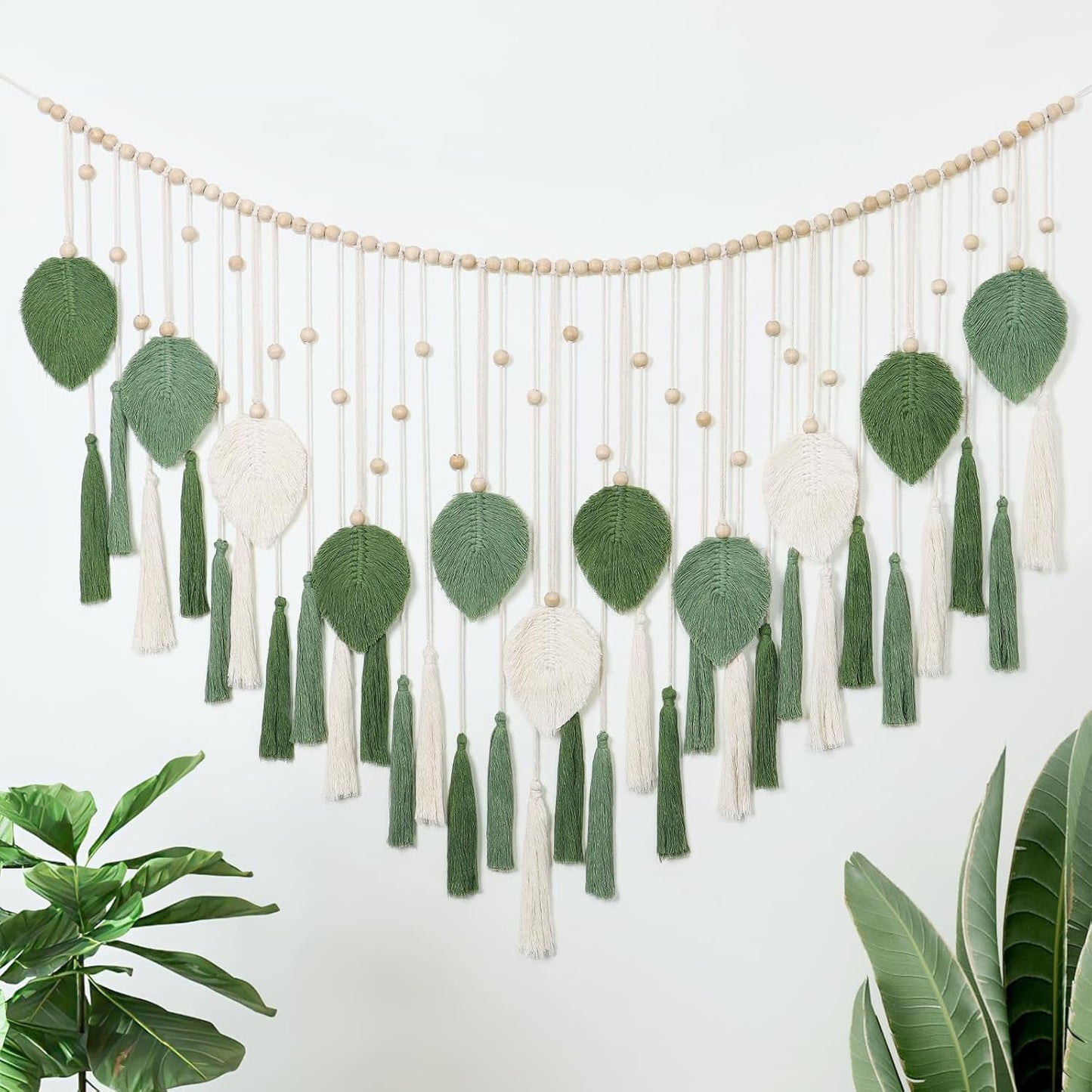 Dremisland Wandteppich, groß, beige, grüne Blätter, Quasten, Zuhause – Accessoires und Dekorationen, Naty Shop. Grüße