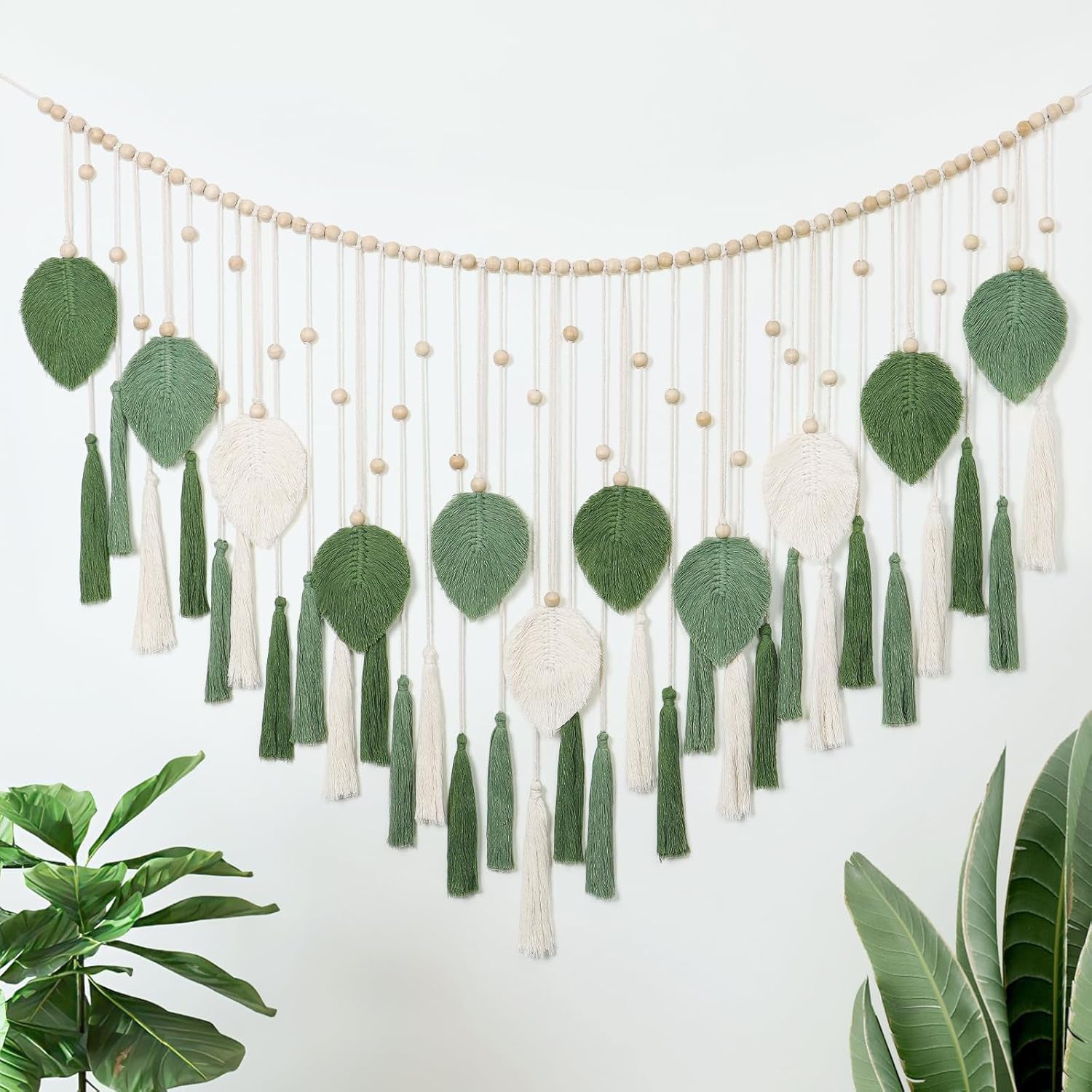 Dremisland Wandteppich, groß, beige, grüne Blätter, Quasten, Zuhause – Accessoires und Dekorationen, Naty Shop. Grüße