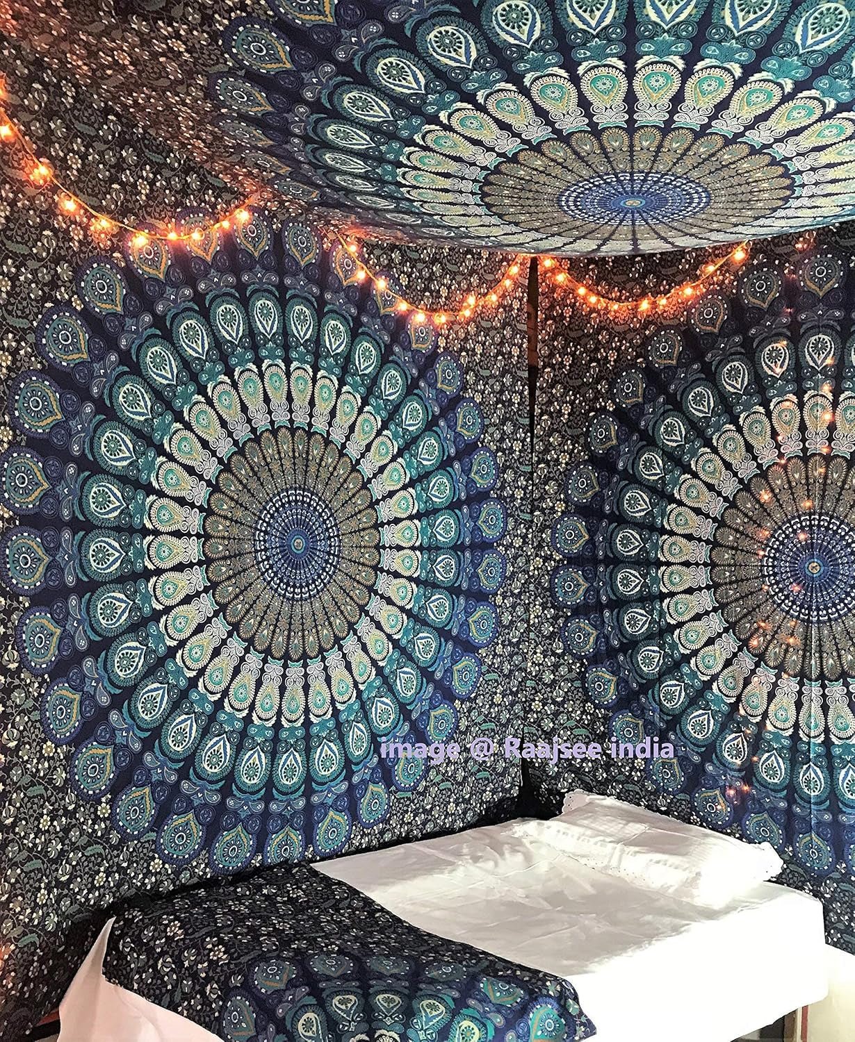 Indischer Wandteppich psychedelisches Mandala blau türkiser Elefant Zuhause – Accessoires und Dekorationen Naty Shop