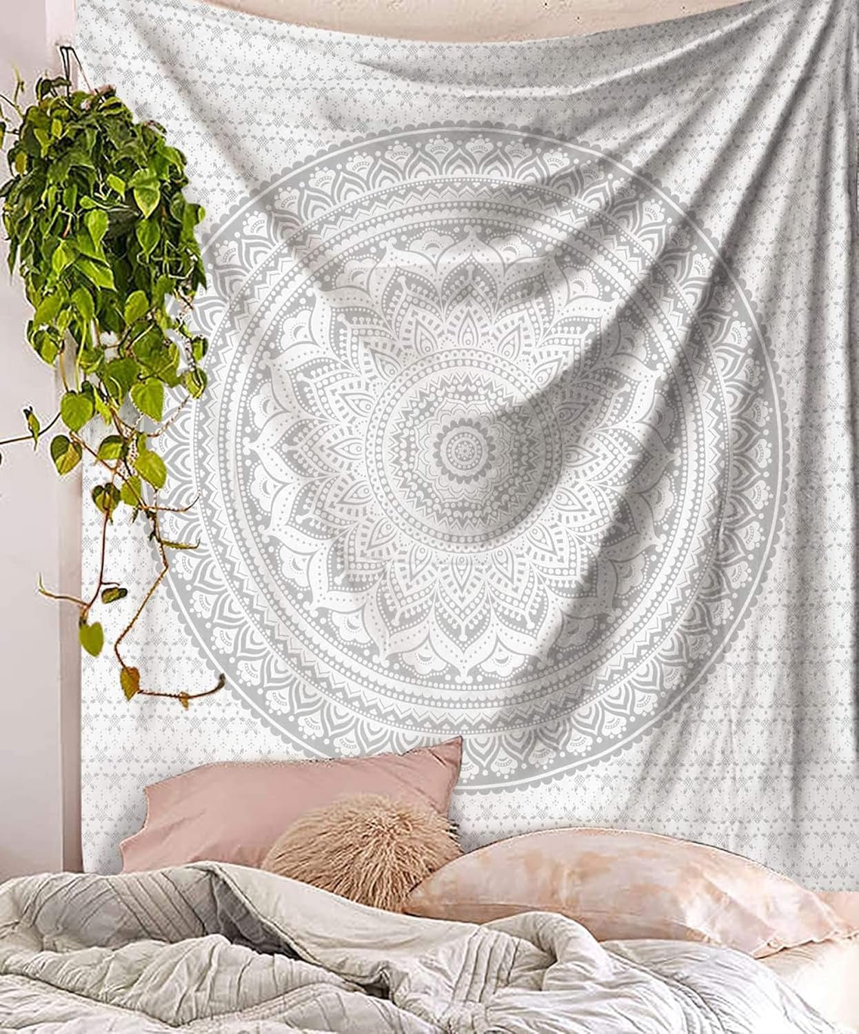 Indischer Wandteppich Mandala Silber Weiß Raumästhetische Leinwand Startseite – Accessoires und Dekorationen Naty Shop