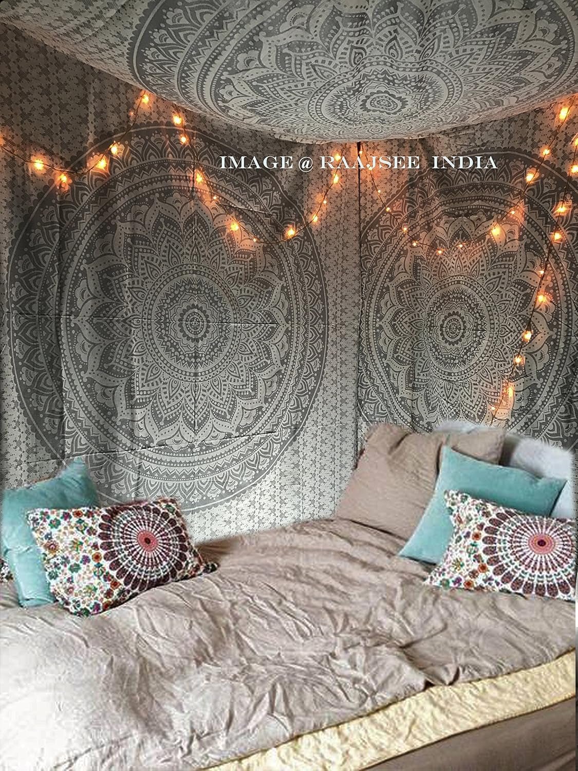 Indischer Wandteppich Mandala Silber Weiß Raumästhetische Leinwand Startseite – Accessoires und Dekorationen Naty Shop