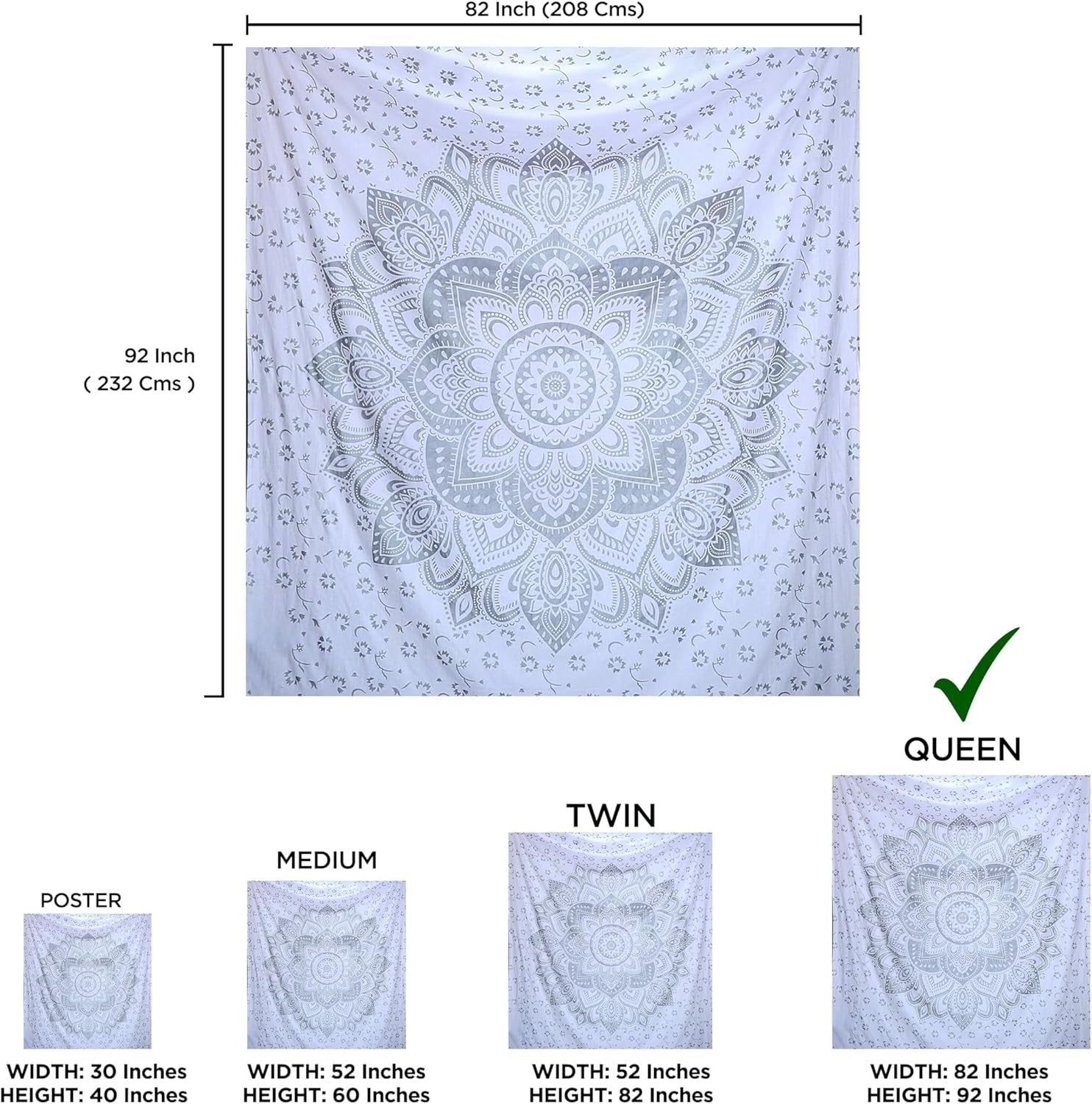 Indischer Wandteppich Mandala Silber Weiß Raumästhetische Leinwand Startseite – Accessoires und Dekorationen Naty Shop