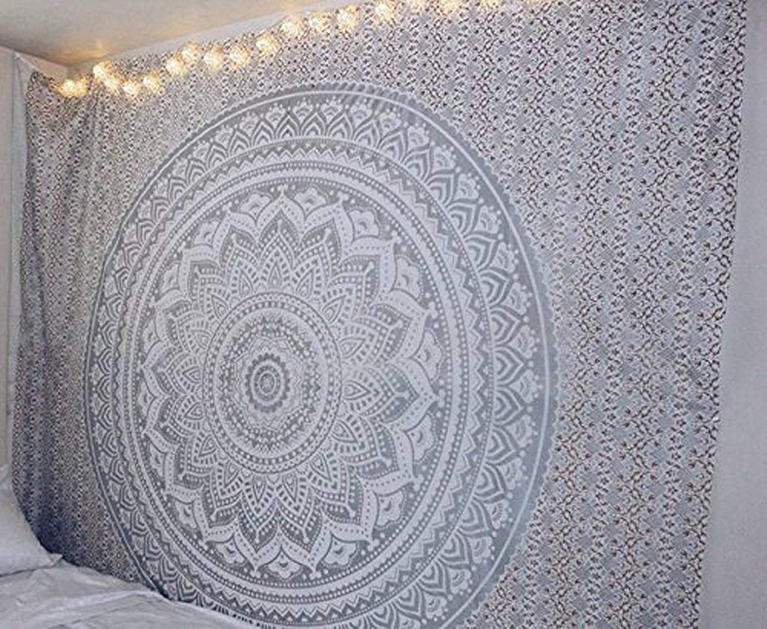 Indischer Wandteppich Mandala Silber Weiß Raumästhetische Leinwand Startseite – Accessoires und Dekorationen Naty Shop Standardtitel