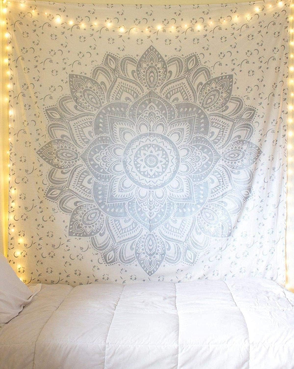 Indischer Wandteppich Mandala Silber Weiß Raumästhetische Leinwand Startseite – Accessoires und Dekorationen Naty Shop Standardtitel