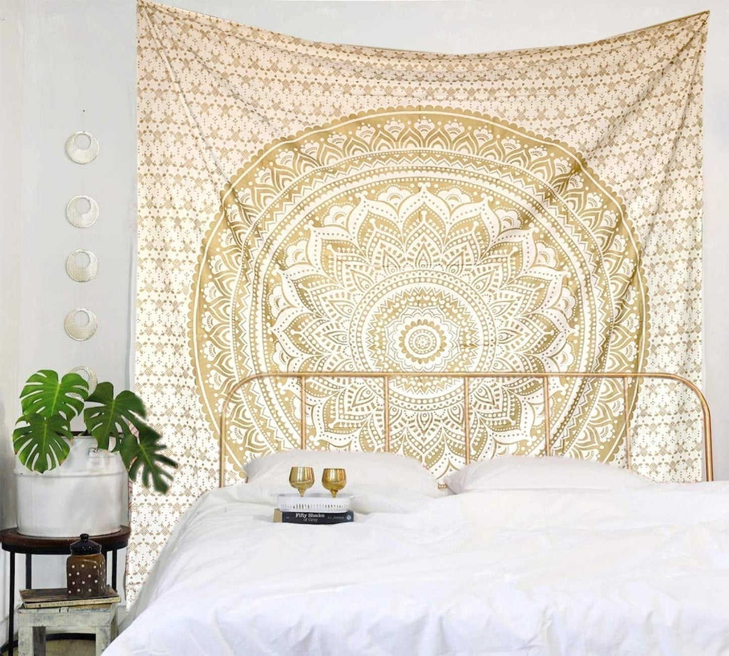 Mandala-Wandteppich, Raumdekoration, ästhetisches Gold, weiße Leinwand, Zuhause – Accessoires und Dekorationen, Naty Shop