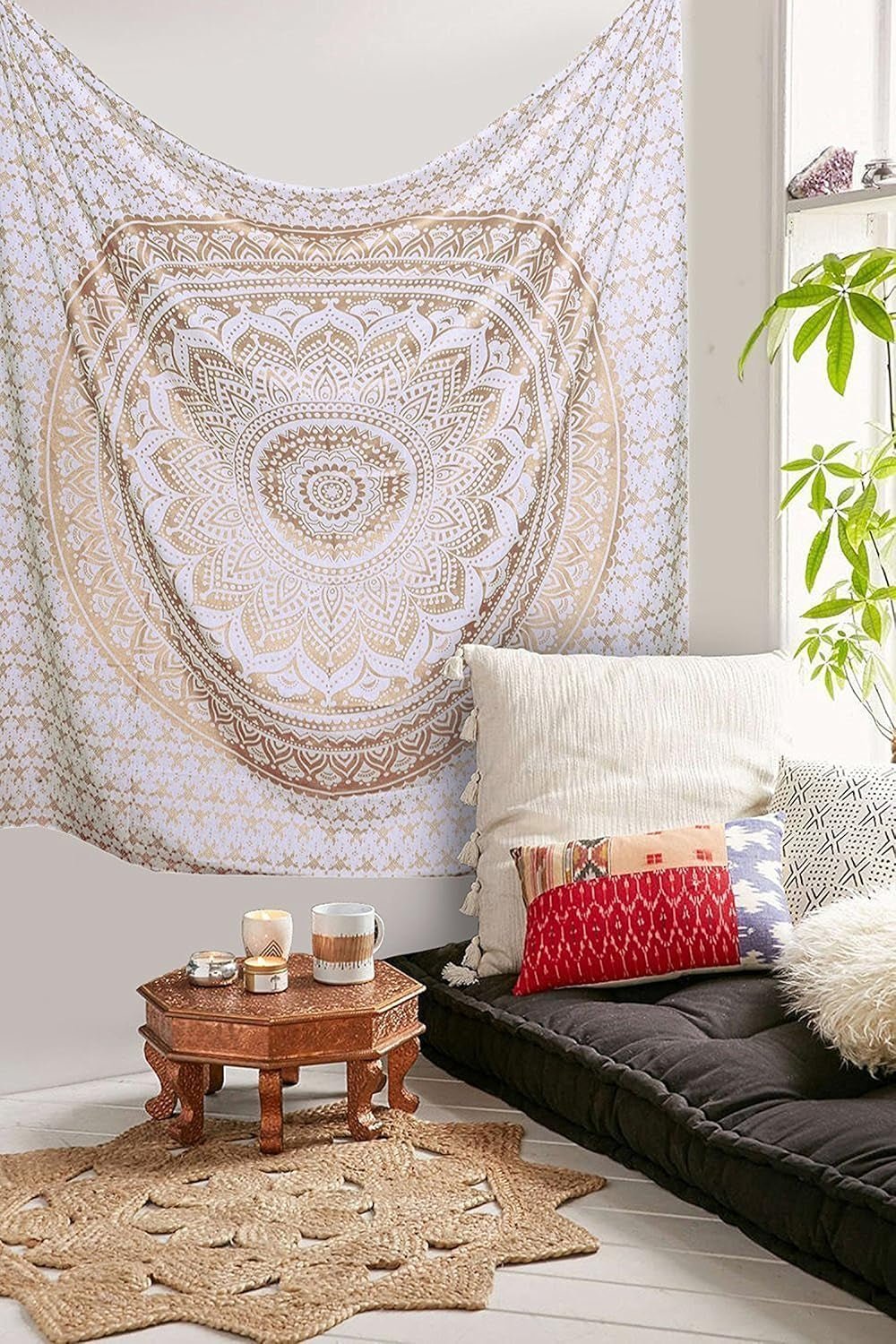 Mandala-Wandteppich, Raumdekoration, ästhetisches Gold, weiße Leinwand, Zuhause – Accessoires und Dekorationen, Naty Shop