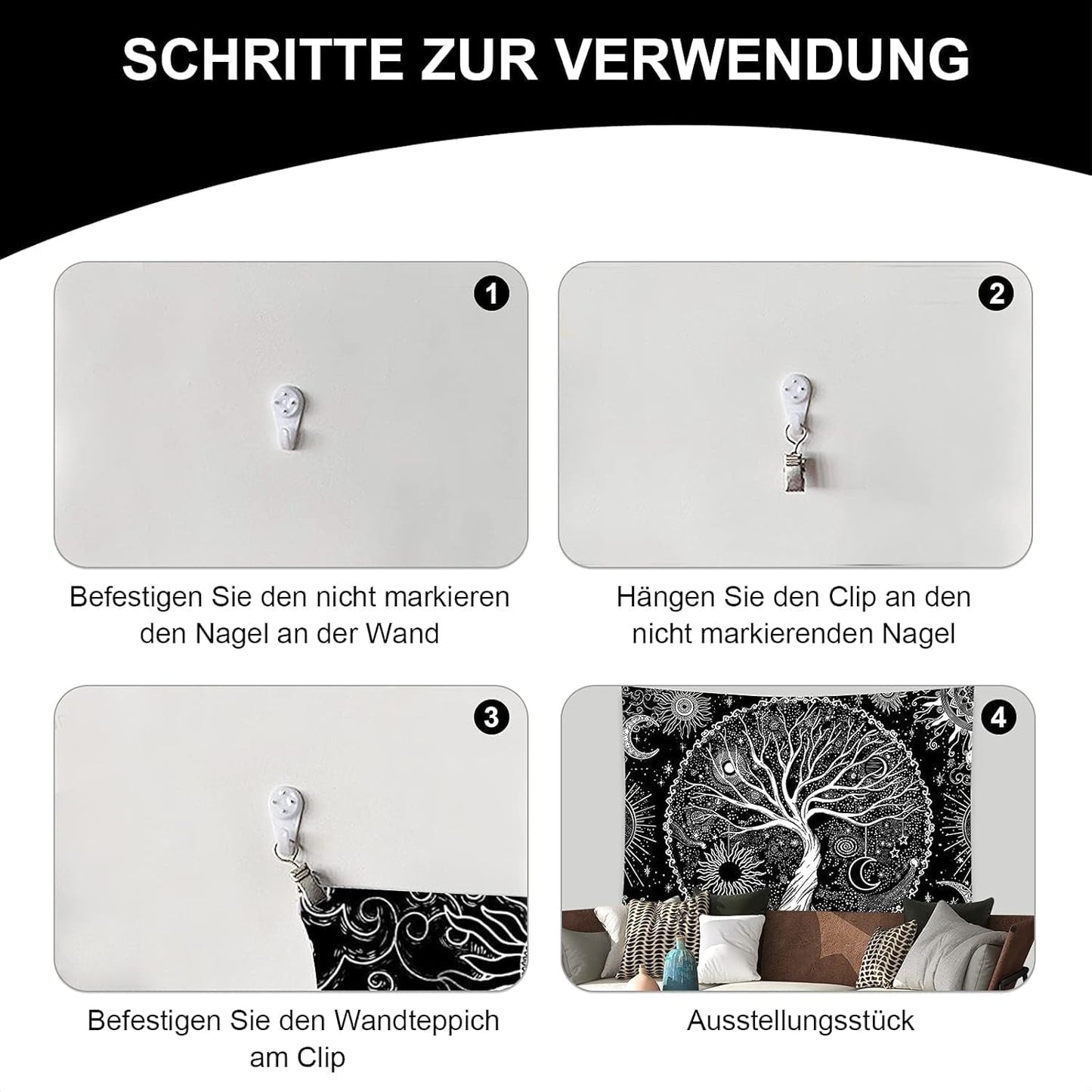 Wandteppich schwarz weiß Baumleben Wandteppich Phasen Mond Zuhause - Accessoires und Dekorationen Naty Shop