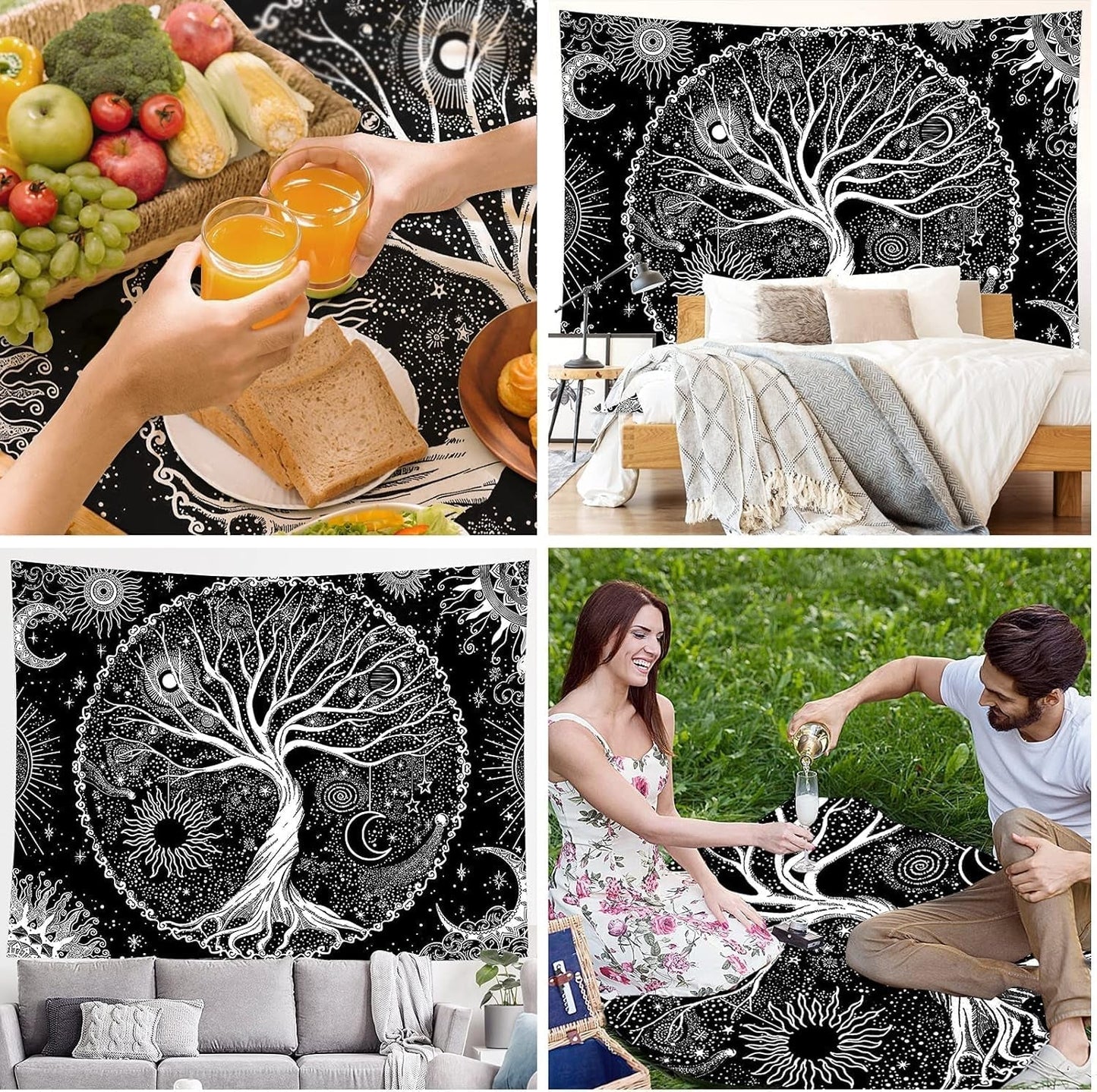Wandteppich schwarz weiß Baumleben Wandteppich Phasen Mond Zuhause - Accessoires und Dekorationen Naty Shop