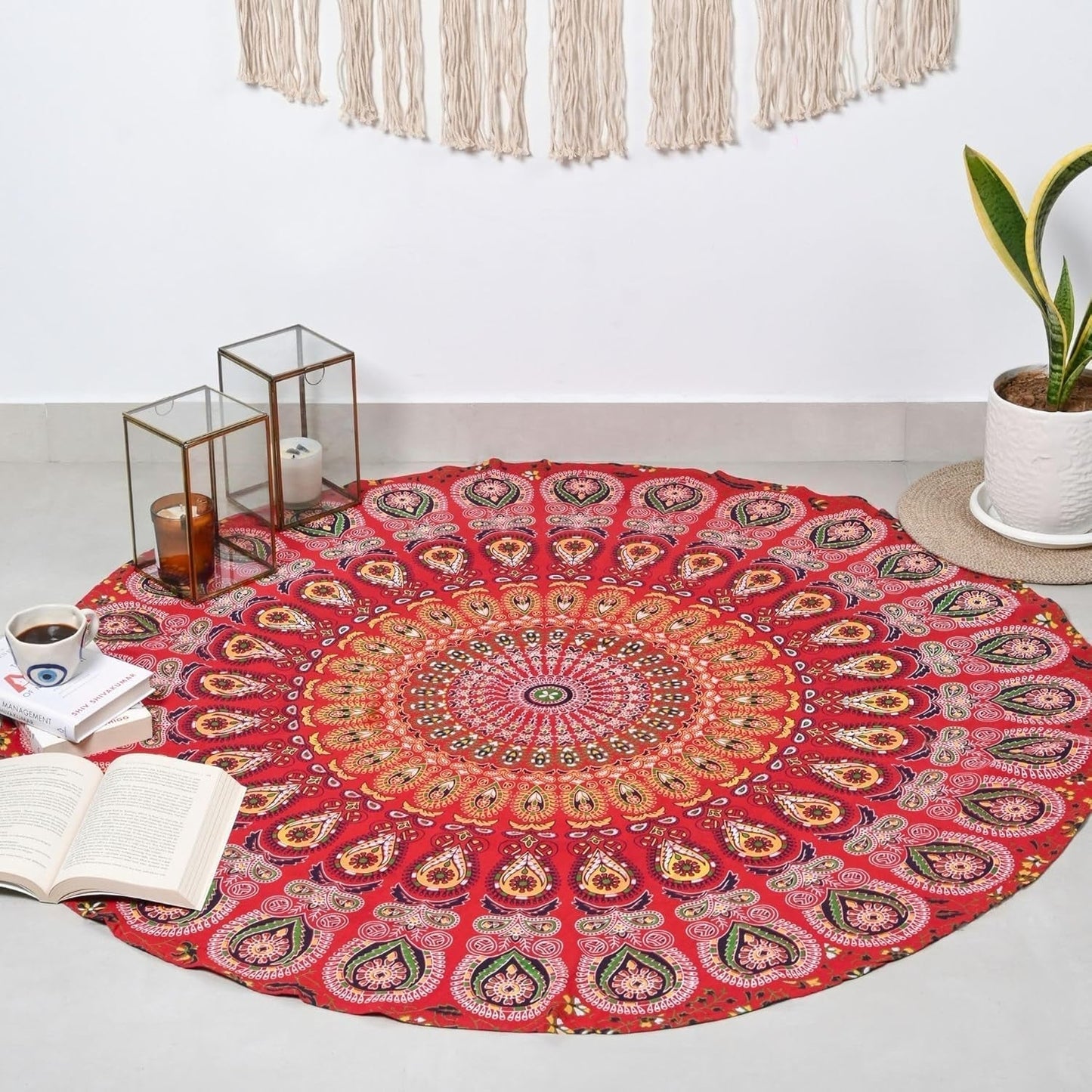 Runder Wandteppich Pfau Mandala Zentimeter Roundie Hippie Girl Casa - Accessoires und Dekorationen Naty Shop Goldrot D-48"