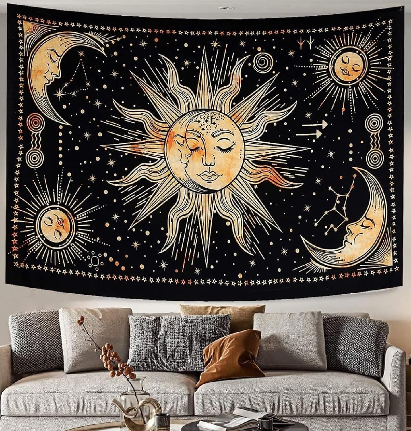 Wandteppich Sonne Mond Stern spirituell ästhetisch Regenbogen Baumwolle Zuhause – Accessoires und Dekorationen Naty Shop Gelb 210 L x 140 B cm