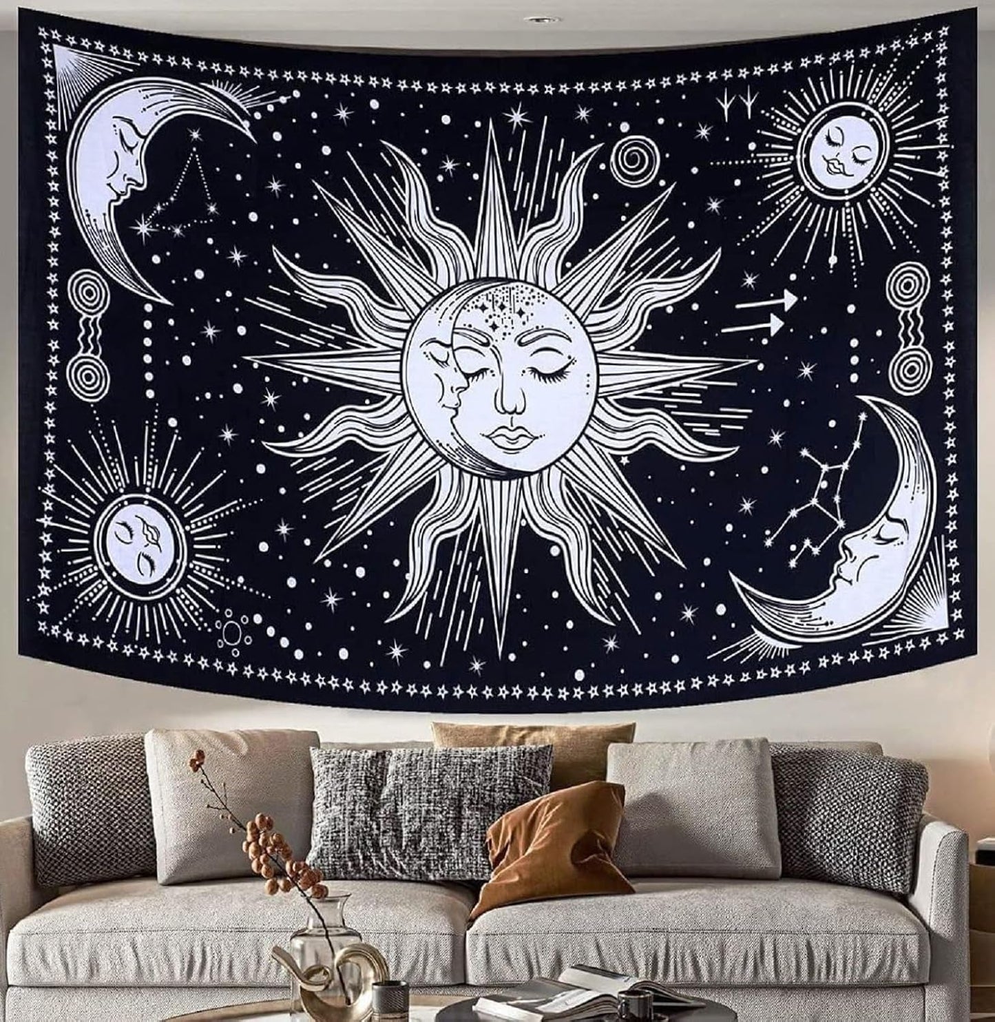 Wandteppich, Sonne, Mond, Stern, spirituell, ästhetisch, Regenbogen, Baumwolle, Zuhause – Accessoires und Dekorationen, Naty Shop, Schwarz/Weiß, 102 L x 77 B cm