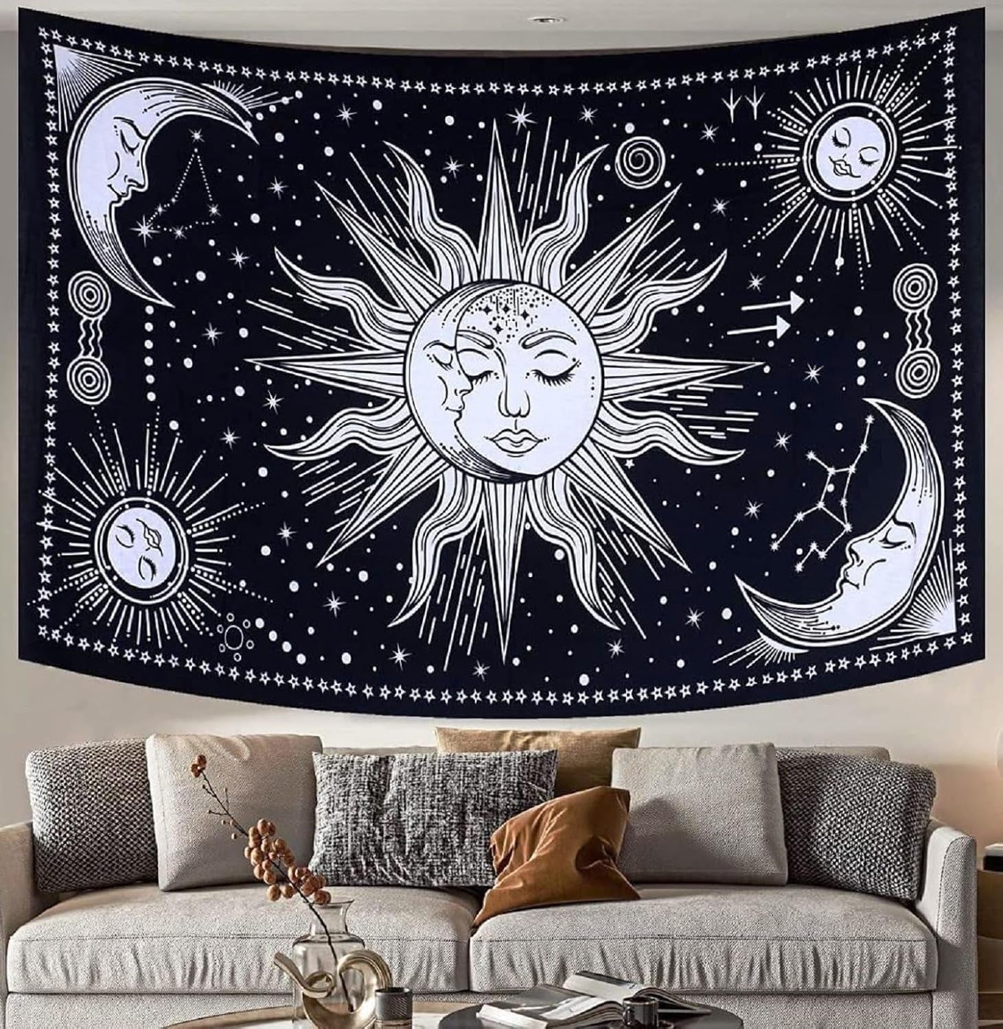 Wandteppich, Sonne, Mond, Stern, spirituell, ästhetisch, Regenbogen, Baumwolle, Zuhause – Accessoires und Dekorationen, Naty Shop, Schwarz/Weiß, 102 L x 77 B cm