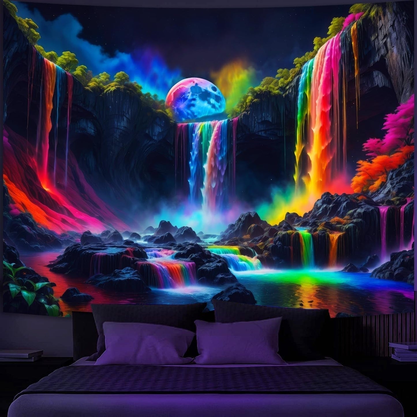 Wandteppich, Wandteppich, Planeten-Wasserfall, Fantasie, Schwarzlicht, Zuhause – Accessoires und Dekorationen, Naty Shop, 150 L x 130 B cm