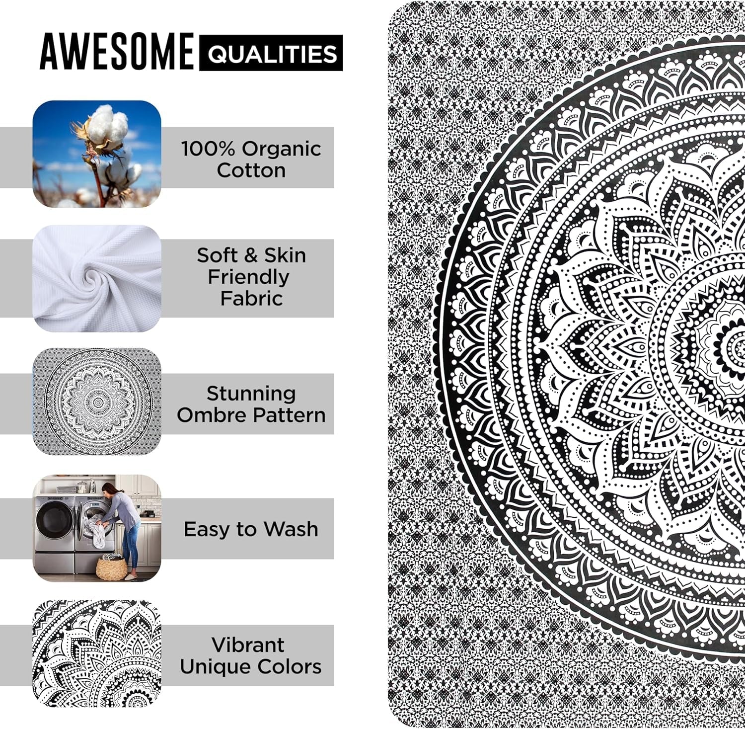 Wandteppich Wandteppich Mandala grau schwarz Wandtuch Zuhause – Accessoires und Dekorationen Naty Shop