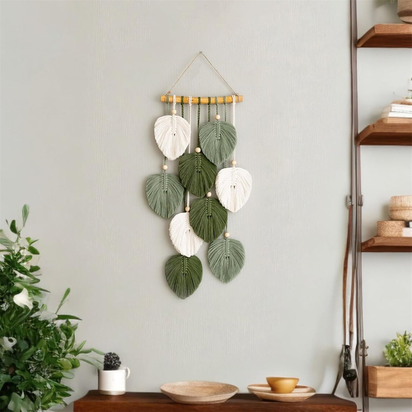 Wandteppich, Wandteppich, Holzperlen, grüne Blätter, handgefertigt, Zuhause – Accessoires und Dekorationen, Naty Shop