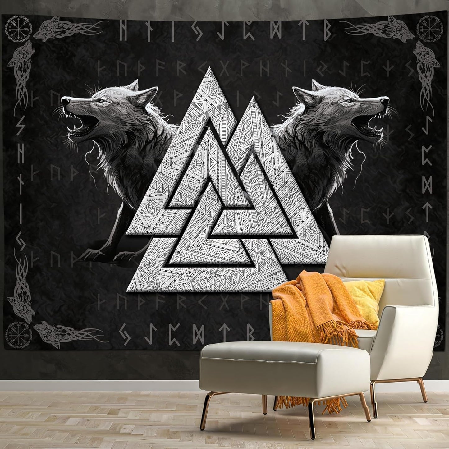 Wandteppich Wikinger Wolf Totem schwarz weiß Meditation Runen Startseite – Accessoires und Dekorationen Naty Shop