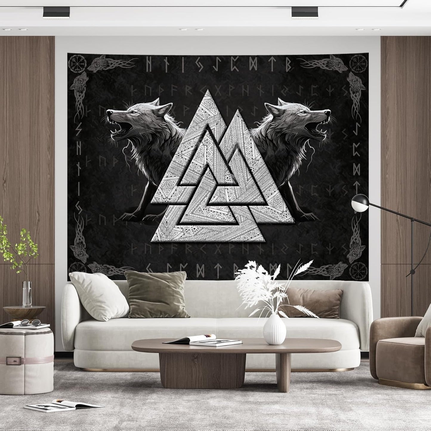 Wandteppich Wikinger Wolf Totem schwarz weiß Meditation Runen Startseite – Accessoires und Dekorationen Naty Shop