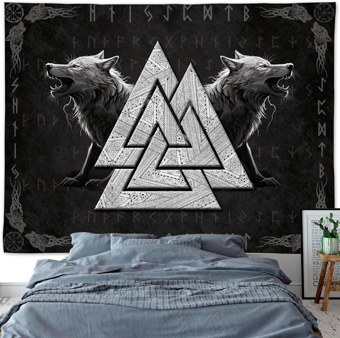 Wandteppich Wikinger Wolf Totem schwarz weiß Meditation Runen Startseite – Accessoires und Dekorationen Naty Shop