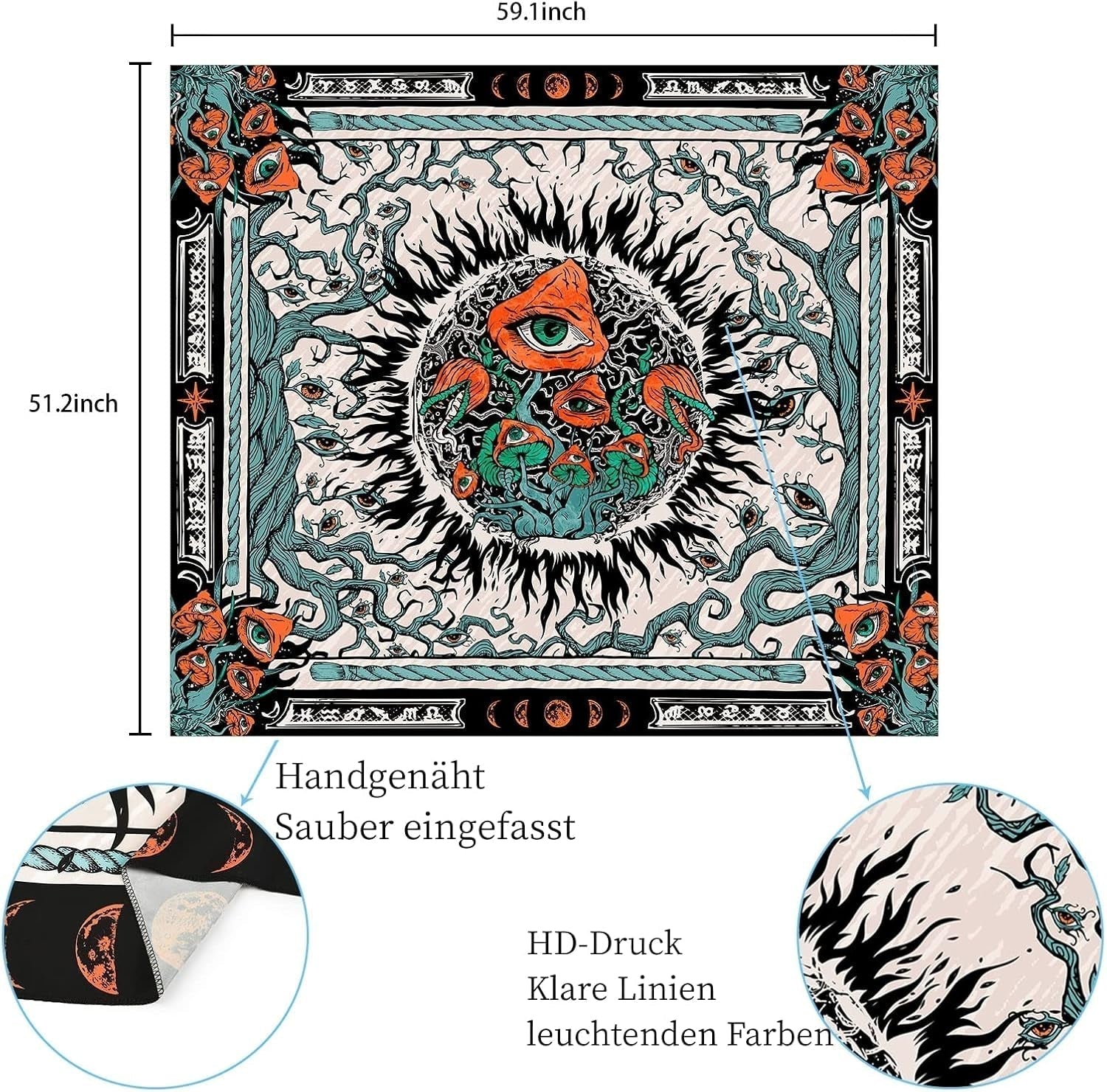 Wandteppich, Yrenendenge, Pilze, Sonnenbrand, Leinwand, Hippie-Augen, Zuhause – Accessoires und Dekorationen, Naty Shop