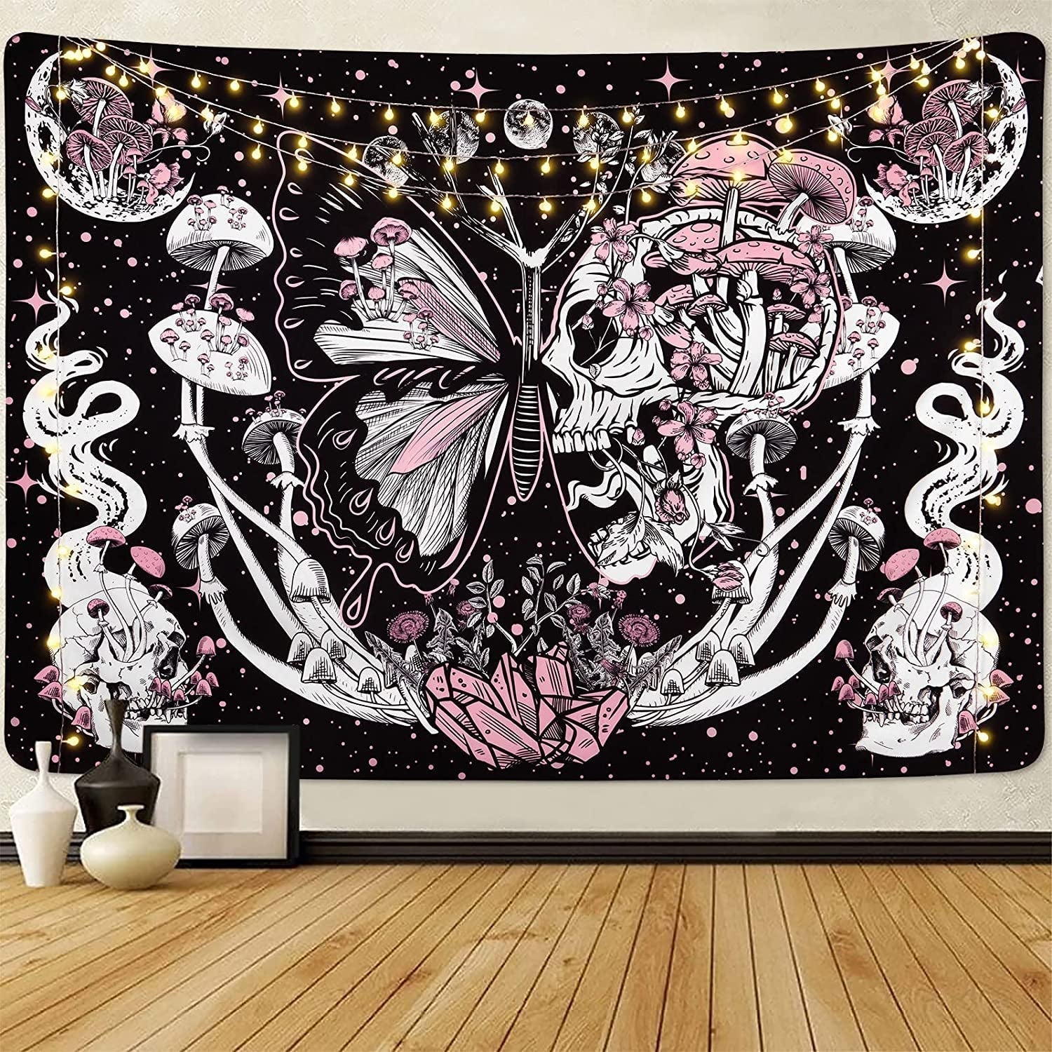 Wandteppich Yrenendenge Schmetterlinge Skelett Pilze Haus Sterne Mond Zuhause – Accessoires und Dekorationen Naty Shop Totenkopf-Pilzmotte 150 x 130 cm