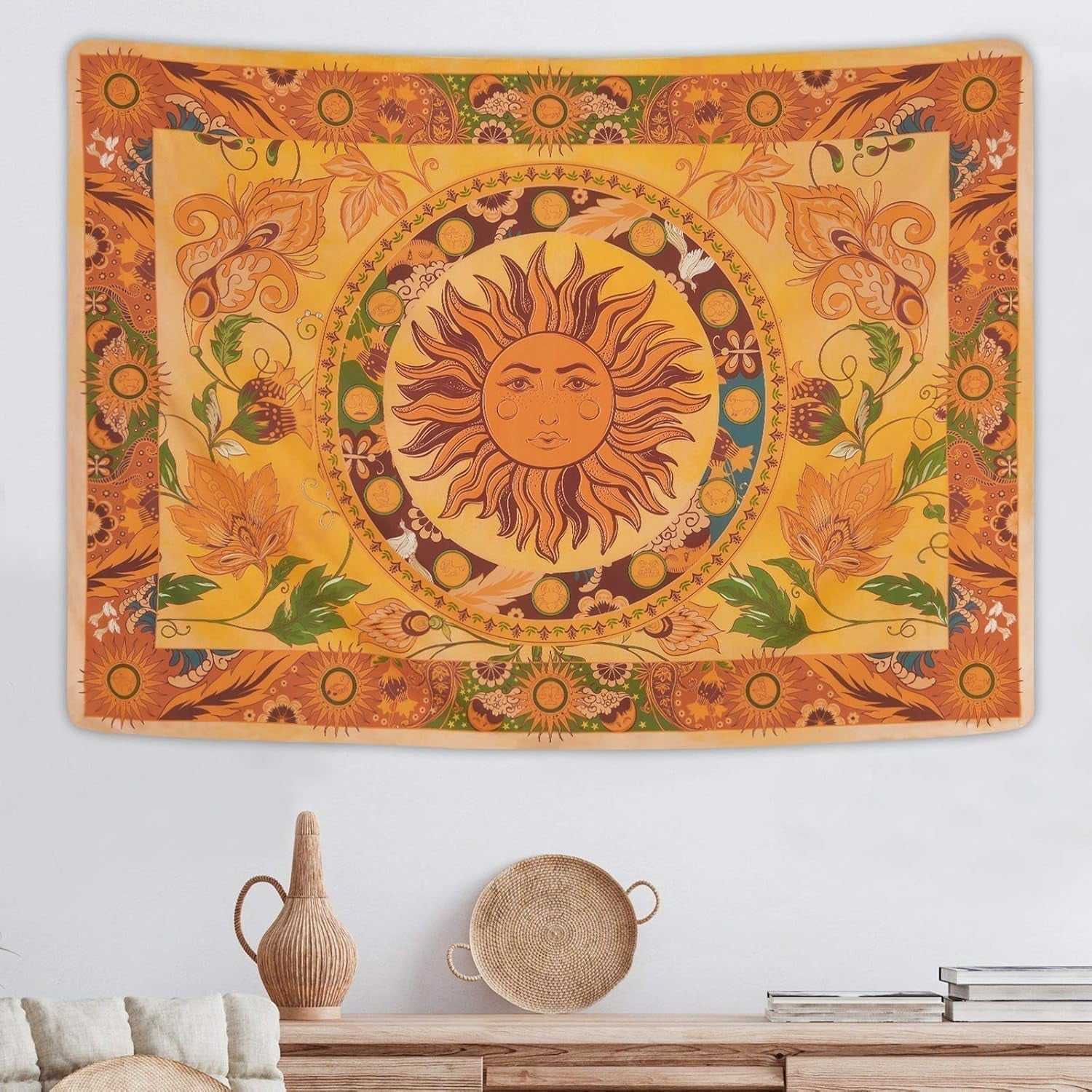 Wandteppich Yugarlibi brennende Sonne Frühlingsblumen Vintage Wand Zuhause – Accessoires und Dekorationen Naty Shop Orange 210L x 150B cm