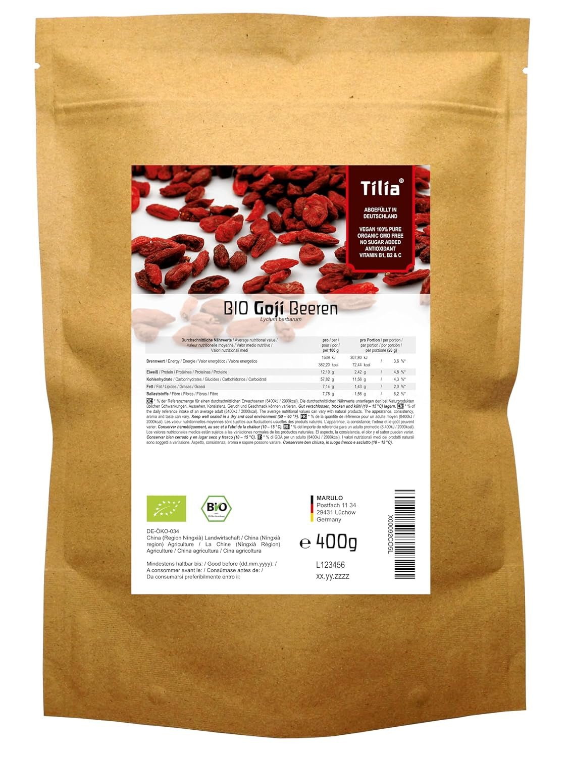 Tilia BIO Goji-Beeren 1 kg Naty Shop dehydrierte Produkte 400 G (1 Packung)