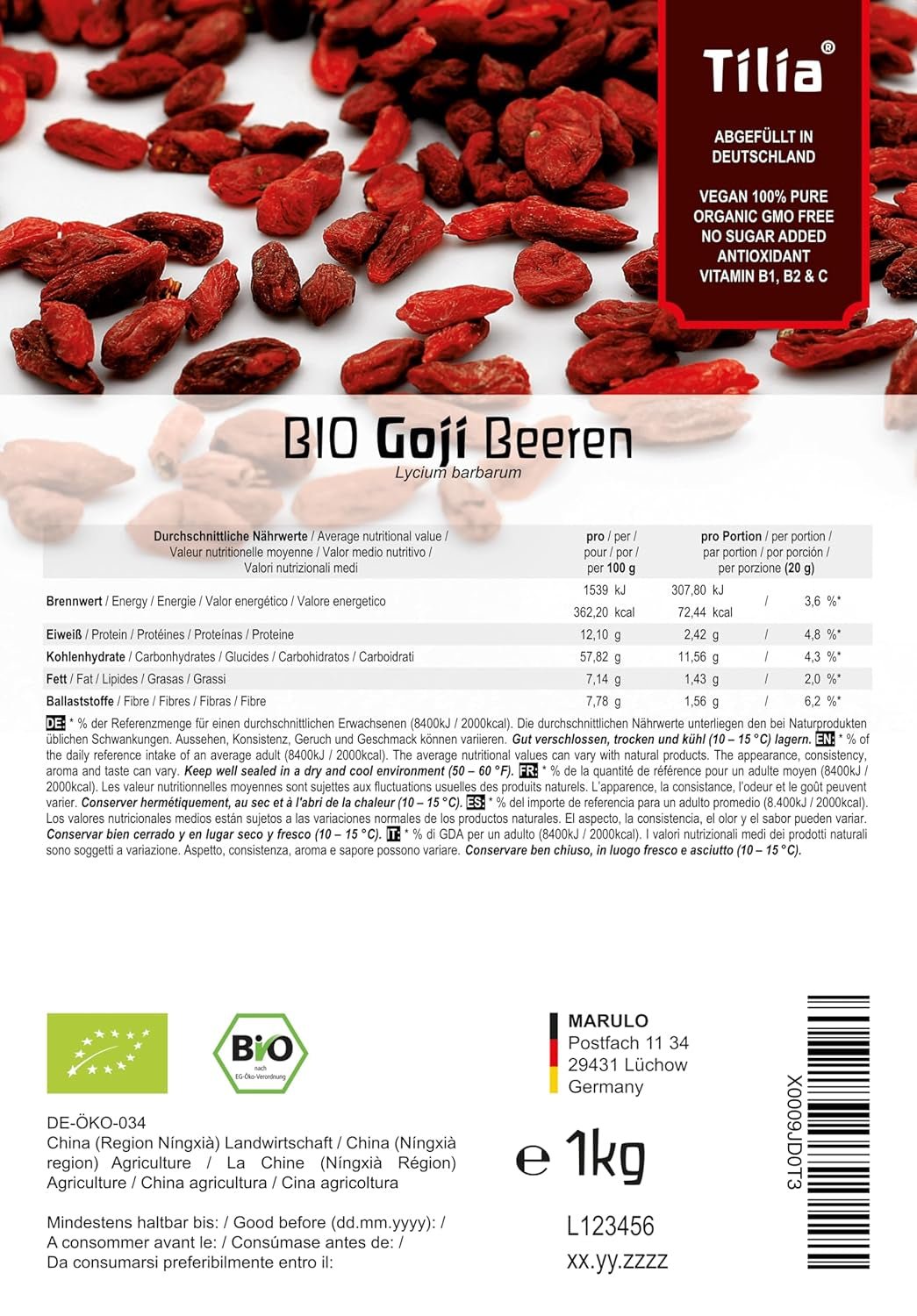 Tilia BIO Goji-Beeren 1 kg Dehydrierte Produkte Naty Shop