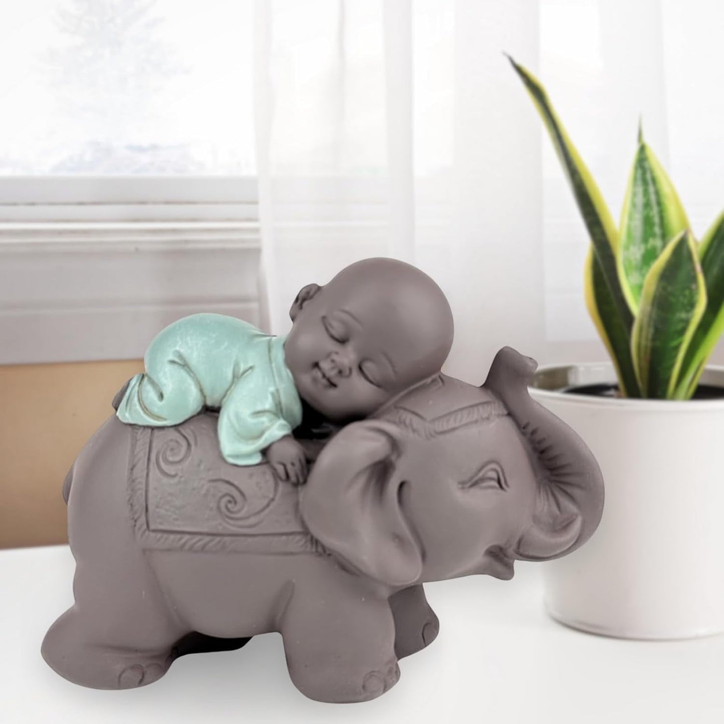 Zen'Light-Statue Buddha Bonze, der auf einem Elefanten schläft – Zen-Atmosphäre in Ihrem heiligen Raum – wunderschöne glückverheißende Figur – H 9,5 cm, braun und grün. Statuetten und Skulpturen von Naty Shop