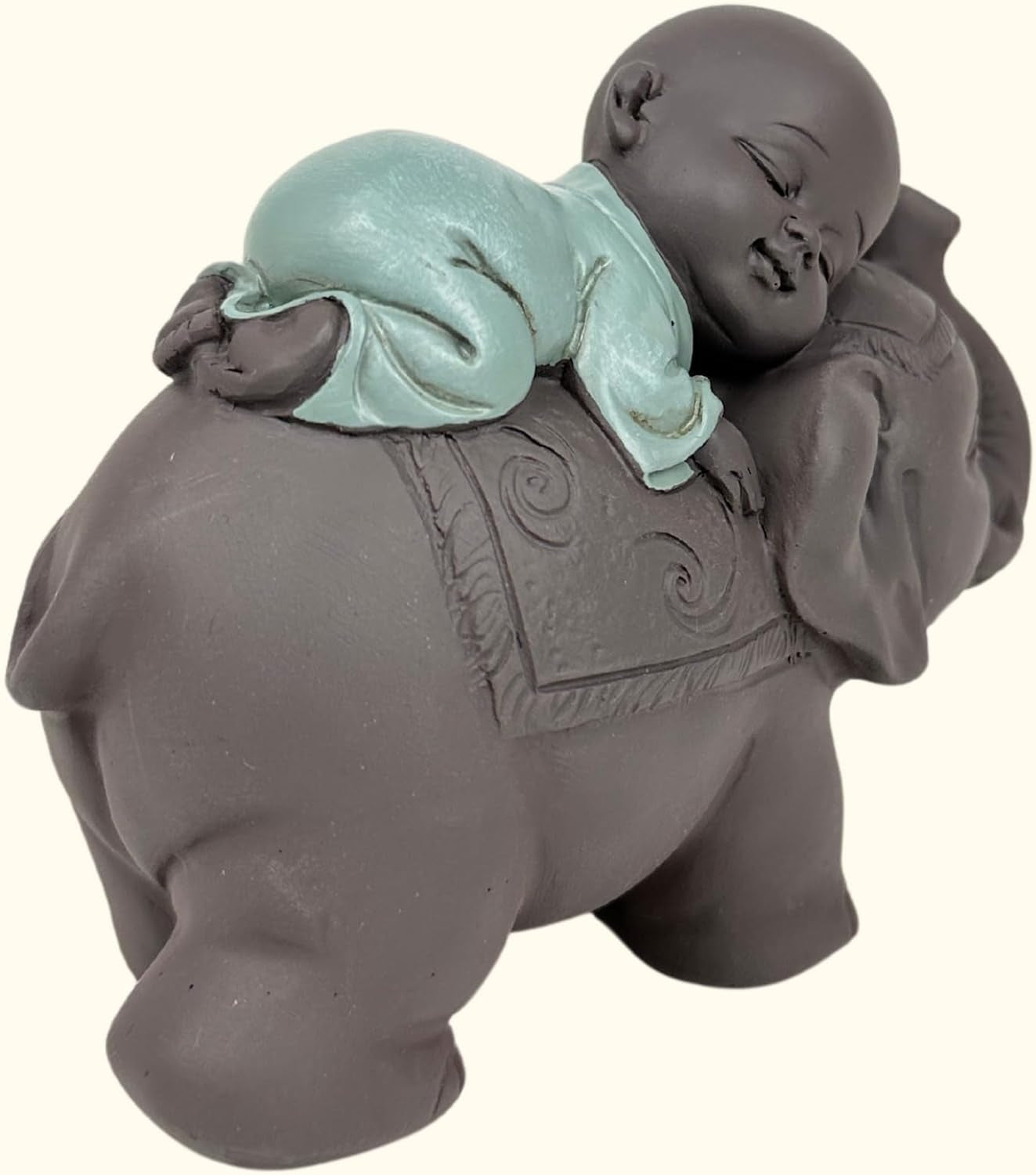 Zen'Light-Statue Buddha Bonze, der auf einem Elefanten schläft – Zen-Atmosphäre in Ihrem heiligen Raum – wunderschöne glückverheißende Figur – H 9,5 cm, braun und grün. Statuetten und Skulpturen von Naty Shop