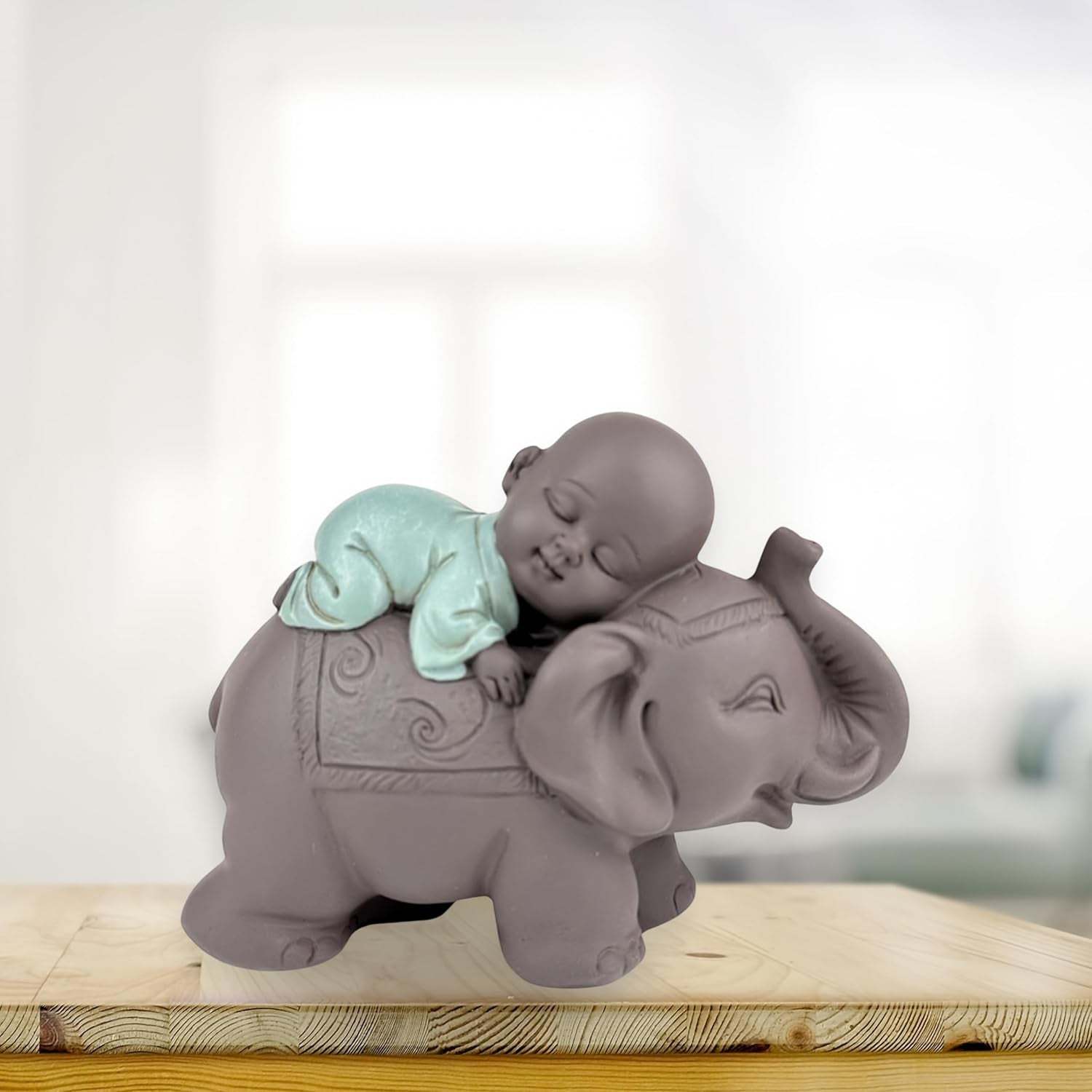 Zen'Light-Statue Buddha Bonze, der auf einem Elefanten schläft – Zen-Atmosphäre in Ihrem heiligen Raum – wunderschöne glückverheißende Figur – H 9,5 cm, braun und grün. Statuetten und Skulpturen von Naty Shop