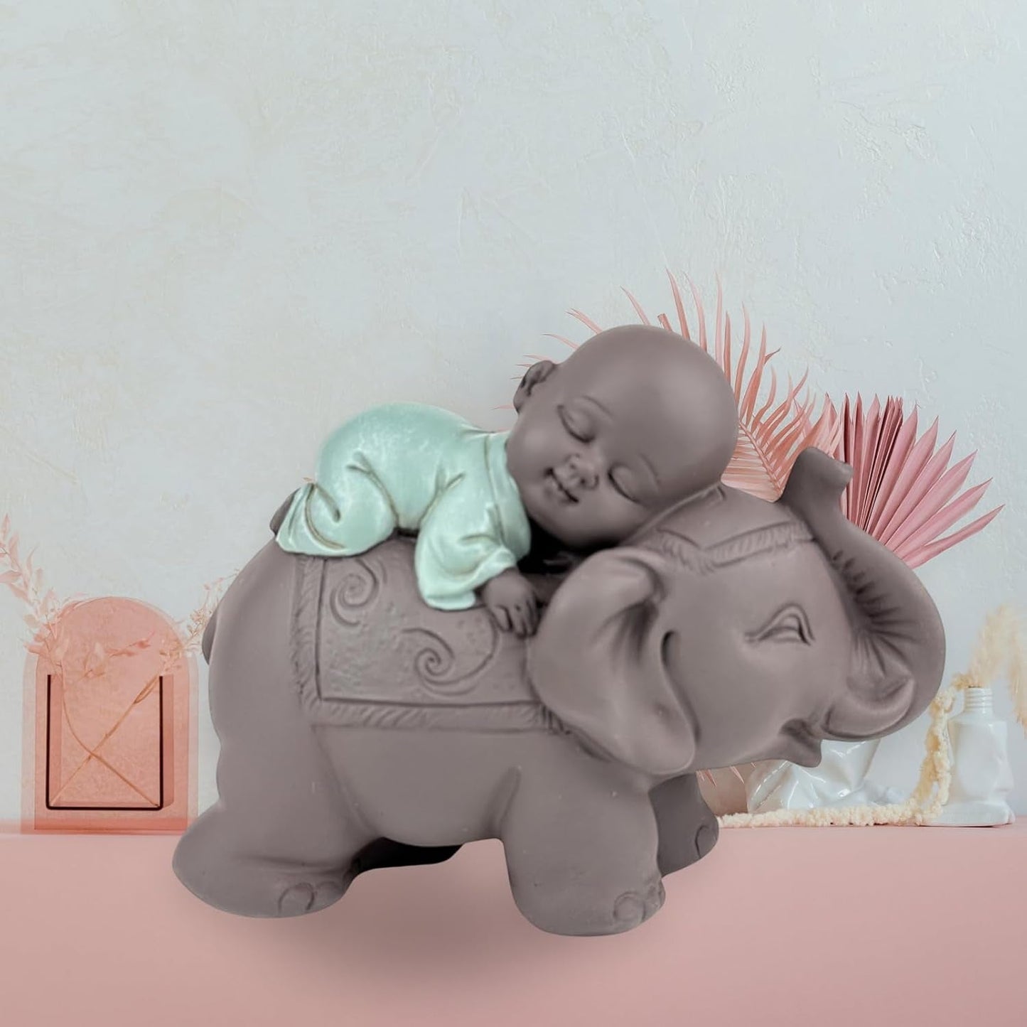 Zen'Light-Statue Buddha Bonze, der auf einem Elefanten schläft – Zen-Atmosphäre in Ihrem heiligen Raum – wunderschöne glückverheißende Figur – H 9,5 cm, braun und grün. Statuetten und Skulpturen von Naty Shop