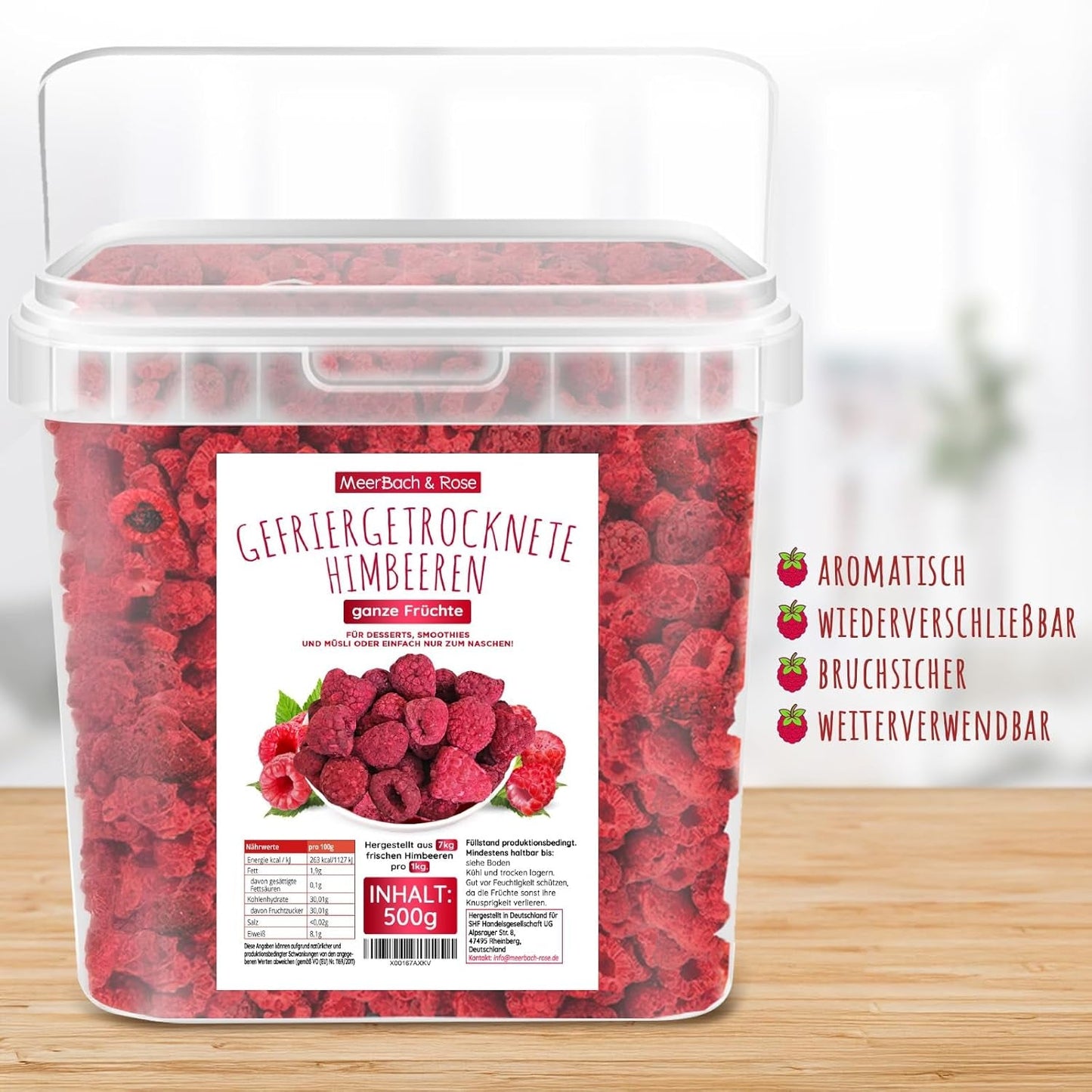 Gefriergetrocknete Himbeeren, KEINE chinesischen Produkte, 500g gefriergetrocknete ganze Früchte, ohne Zusatzstoffe, fruchtig, hergestellt in Deutschland. Trockenprodukte Naty Shop